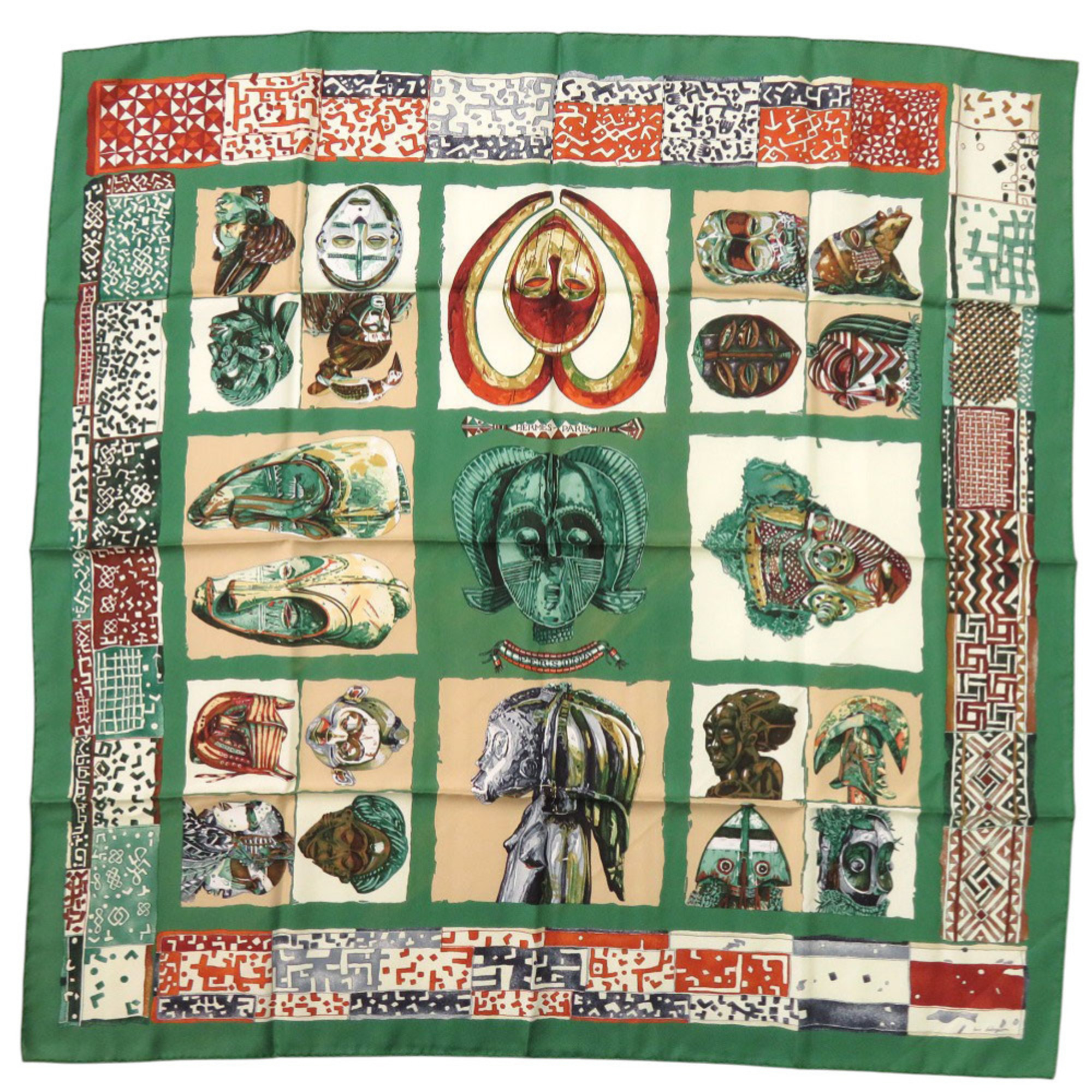 Hermes HermÃ¨s CarrÃ© 90 Persona Silk Scarf Muffler in Green, Orange, and Red (0105)