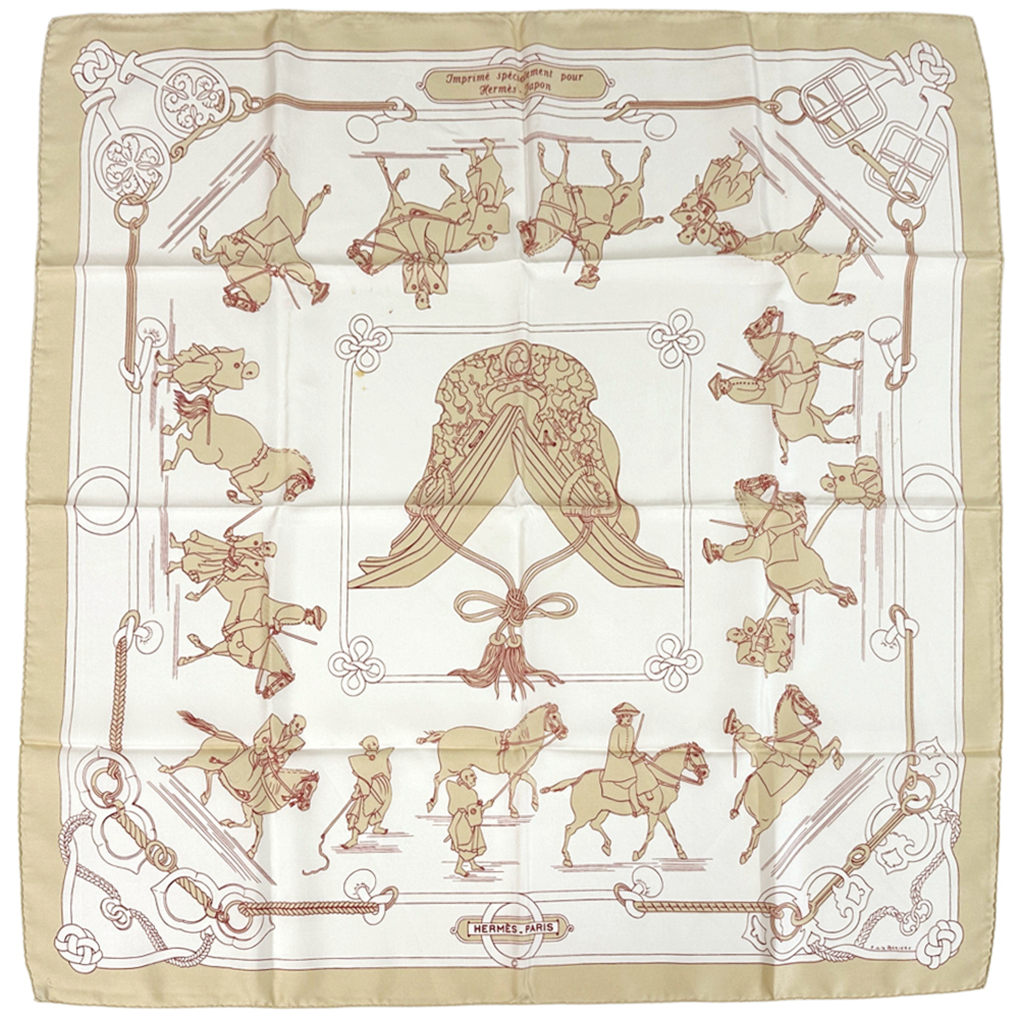 Hermes HermÃ¨s CarrÃ© 90 Scarf, “Equitation Japonaise,” a Japanese equestrian scarf for women, in beige silk with multicolored finish. This rare features pattern and is perfect horses saddlery.