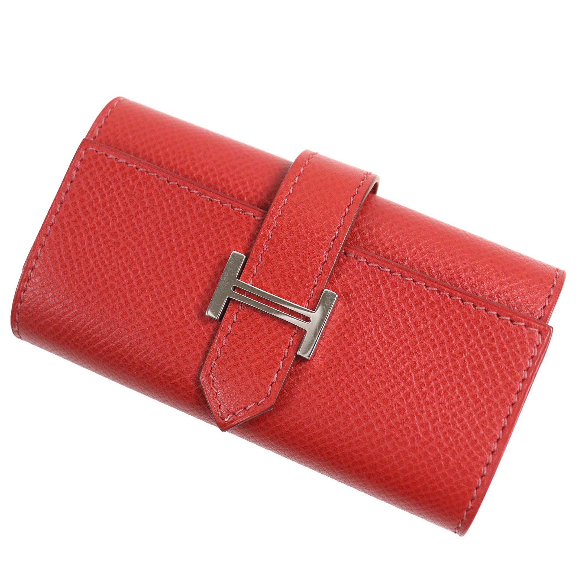 HERMES Bearn H logo, silver hardware, Epsom leather, red, 4-ring key case, L stamp, made in France, very popular for women