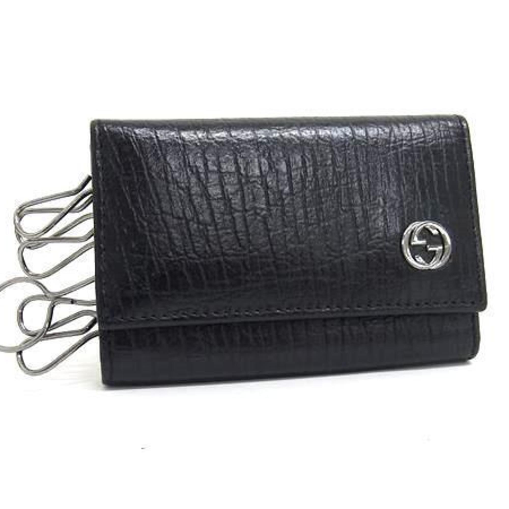GUCCI Interlocking G Key Case 115225 Black Leather 6-Ring for Men and Women