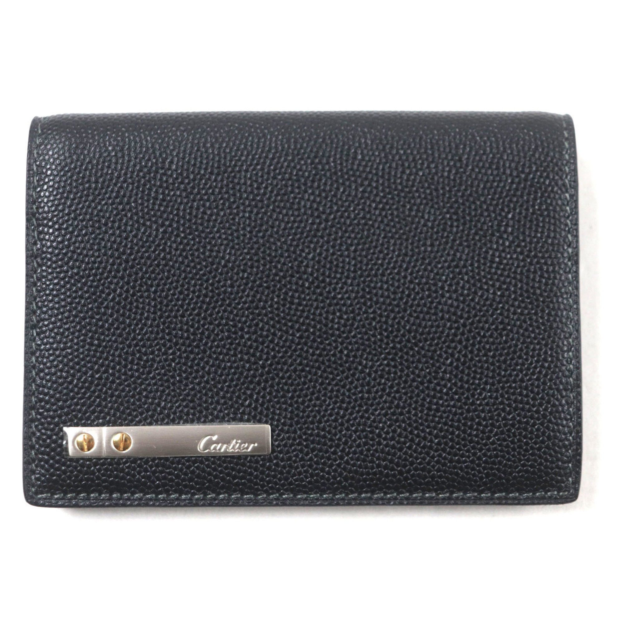 Cartier Santos Leather Bifold Business Card Holder with Logo Plate, Black, Dust Bag Included, Made in France, Men’s