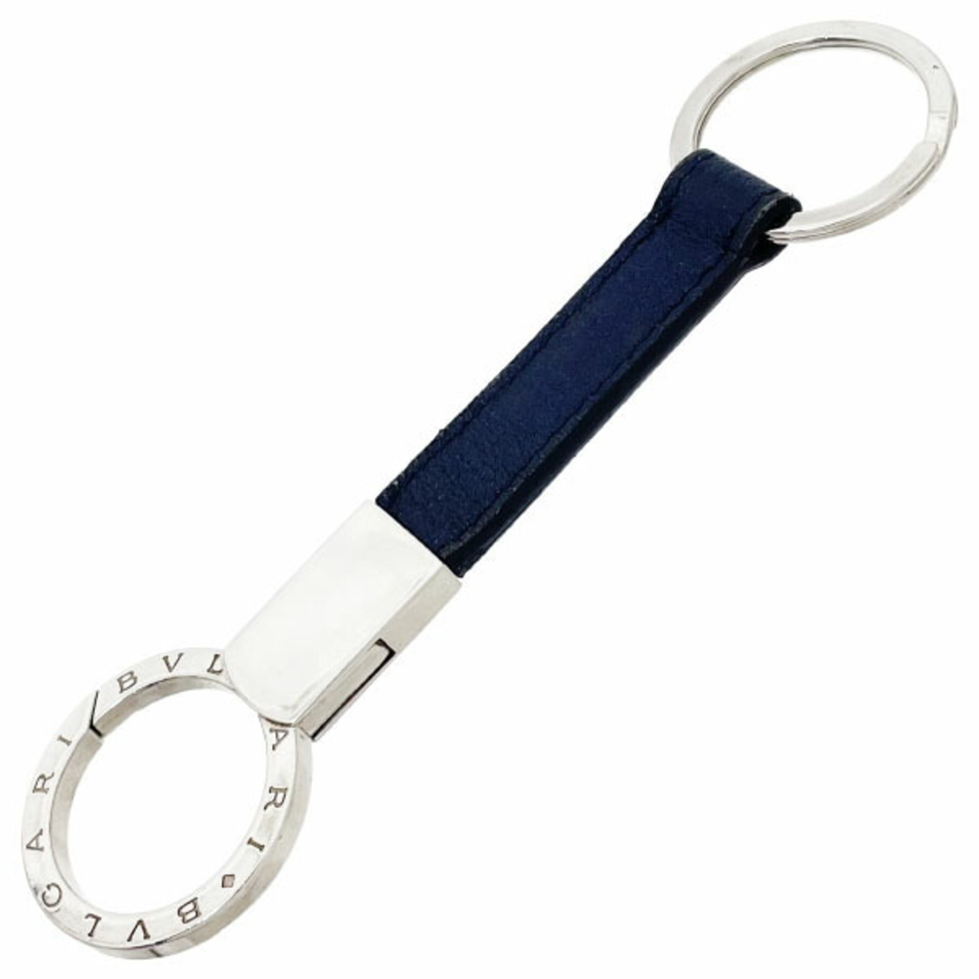 BVLGARI Double Keychain in Black Leather (282704) with Key Hook and Carabiner Charm (NT-15935)