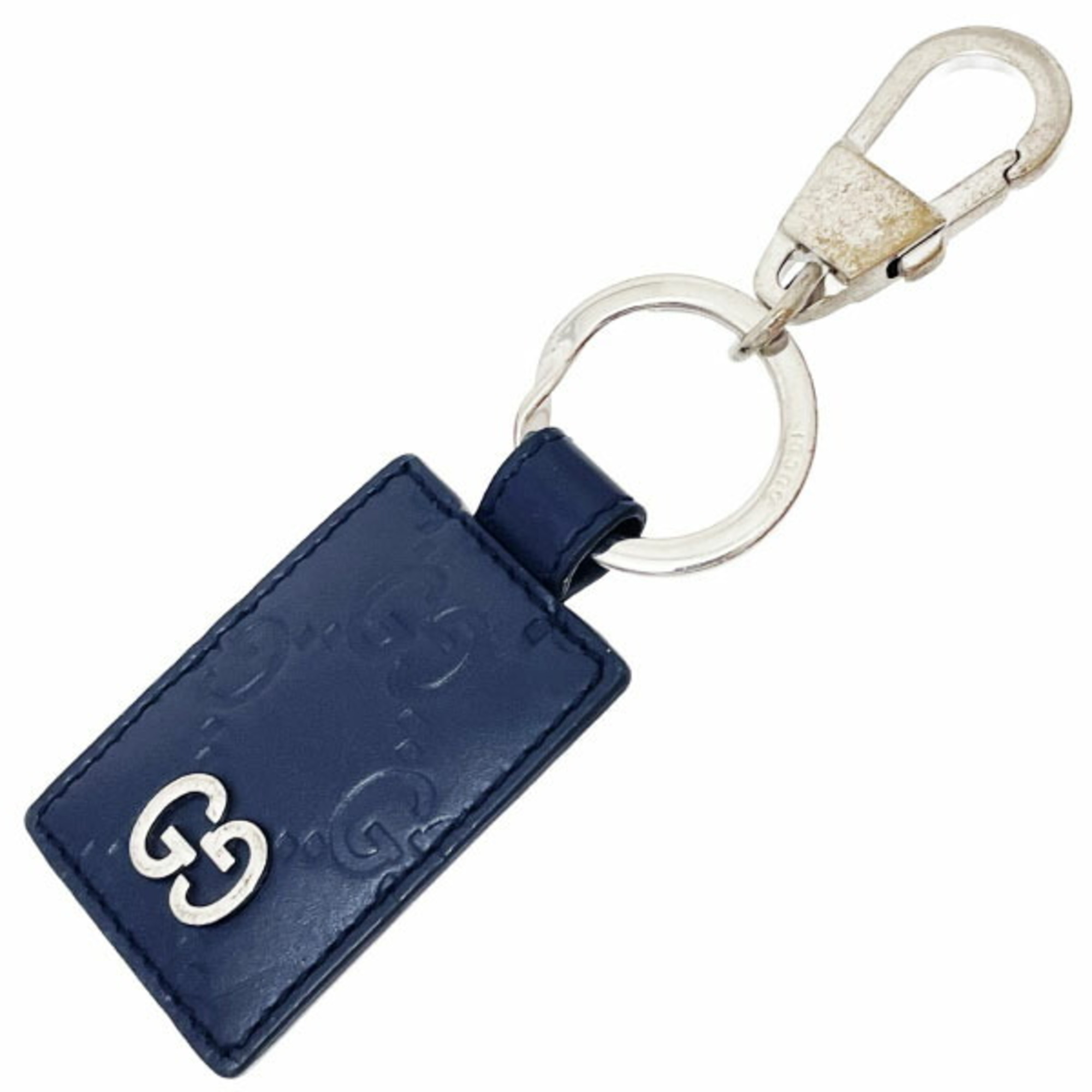Gucci Keychain Signature Leather Keyring Calf Navy 478136 GUCCI GG Guccissima Shima Line Tag Key Hook Charm Bag SK-15314