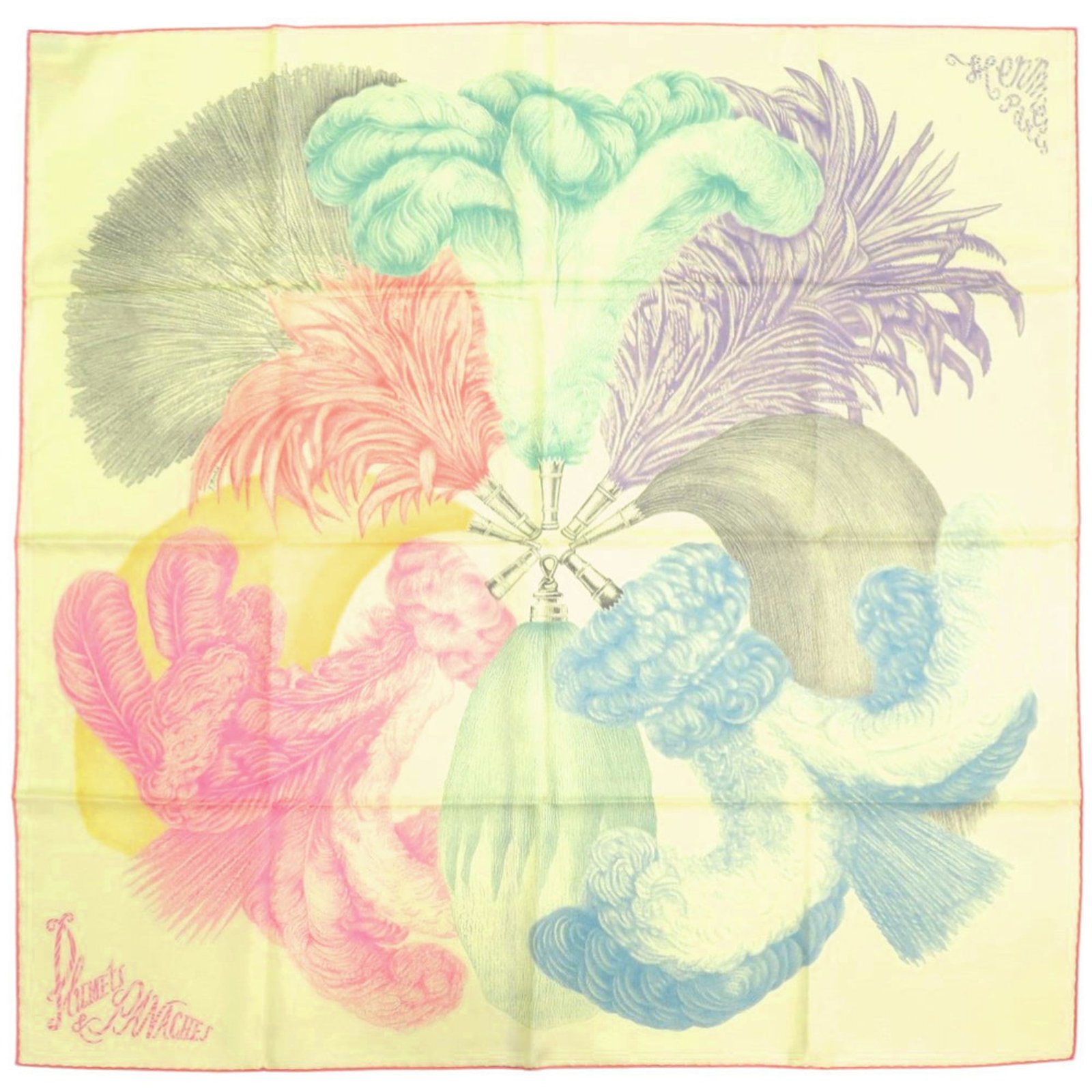 Unused HermÃ¨s CarrÃ© 90 “Plumets et Panache” feather and plume ornament silk light yellow scarf muffler 1544 HERMES