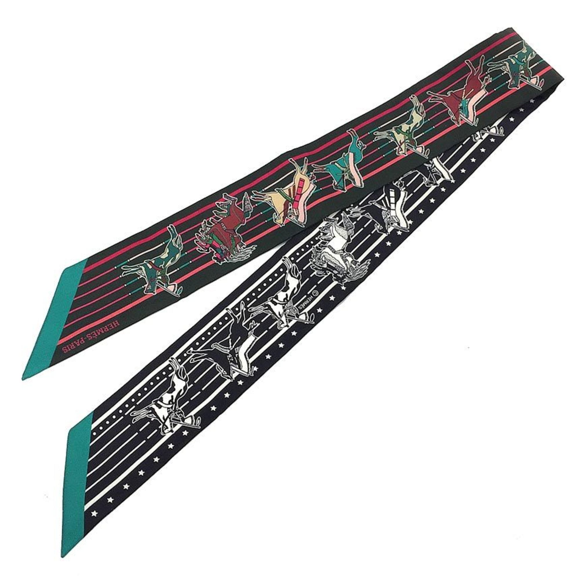 HERMES Twilly Pani La Shar Pawnee Chief of the Scarf Black Vert Fonc/Rose Vif/Noir 100% Silk Hermes aq8492