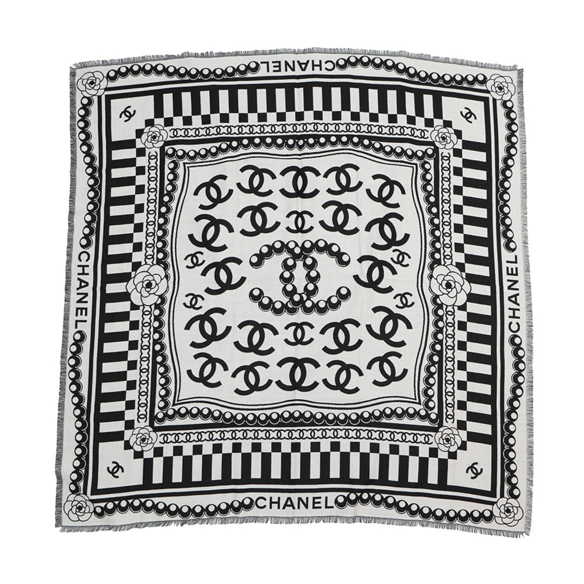 CHANEL Coco Mark Camellia Wool Stole/Scarf in White and Black
