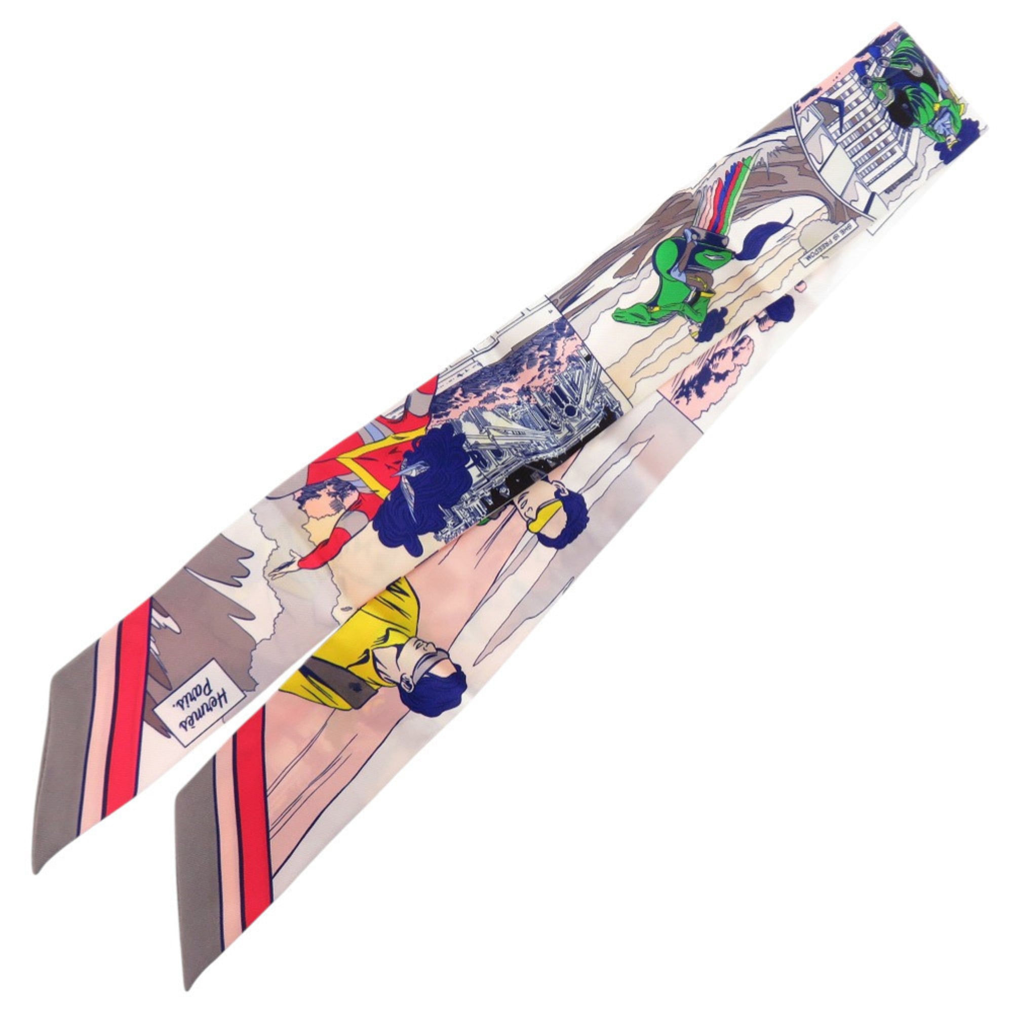 HermÃ¨s Twilly WOW American Comic Print Silk Gris Rose Vert Scarf Muffler 0197 HERMES