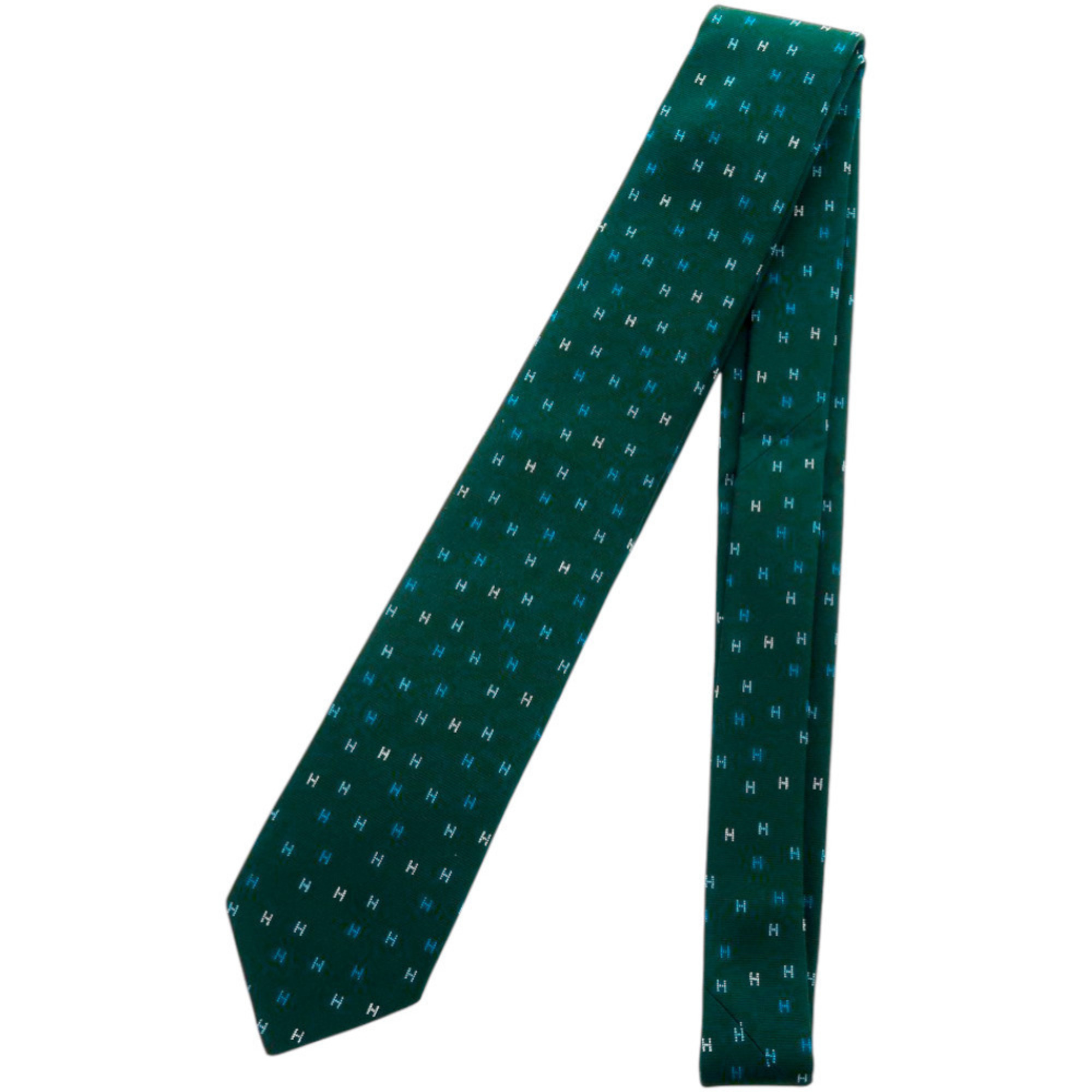Like new Hermes H-pattern silk green tie 1349 HERMES
