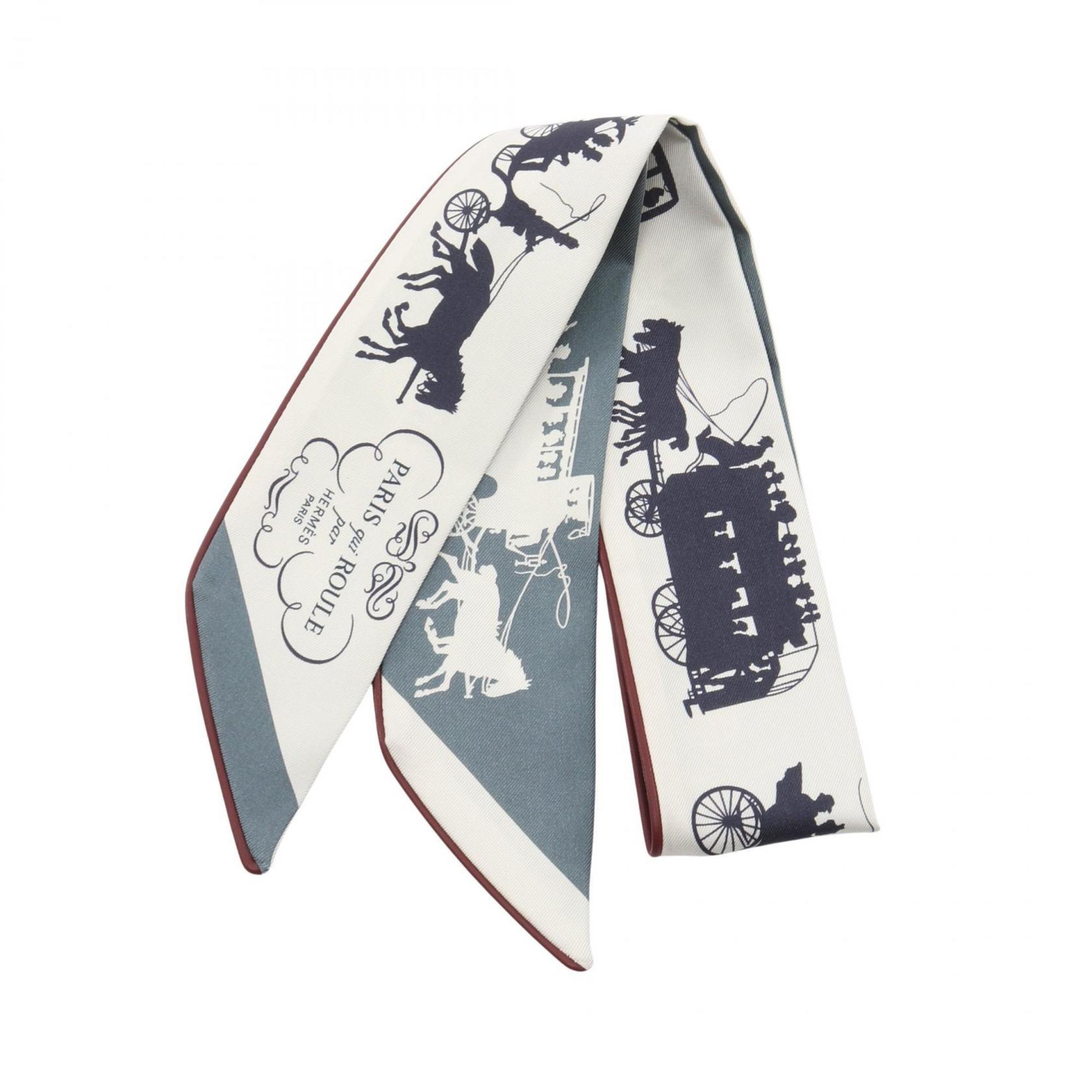 Hermes HermÃ¨s Twilly de toujours PARIS qui ROULE Scarf, Silk, Leather, Women’s, White, Gray