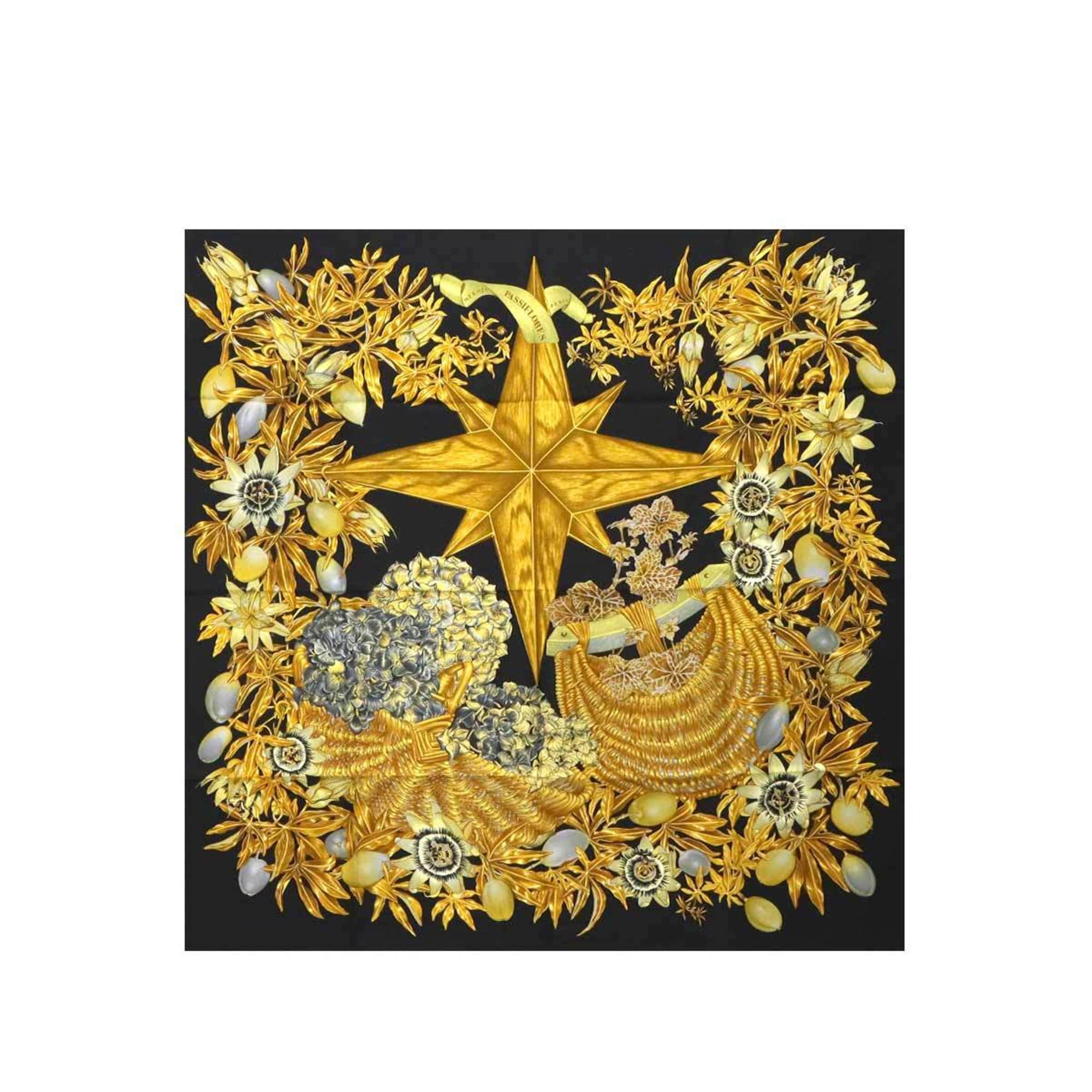 Hermes HermÃ¨s Carre 90 Large Scarf, Passiflores, Passion Flower, 100% Silk, Black and Yellow