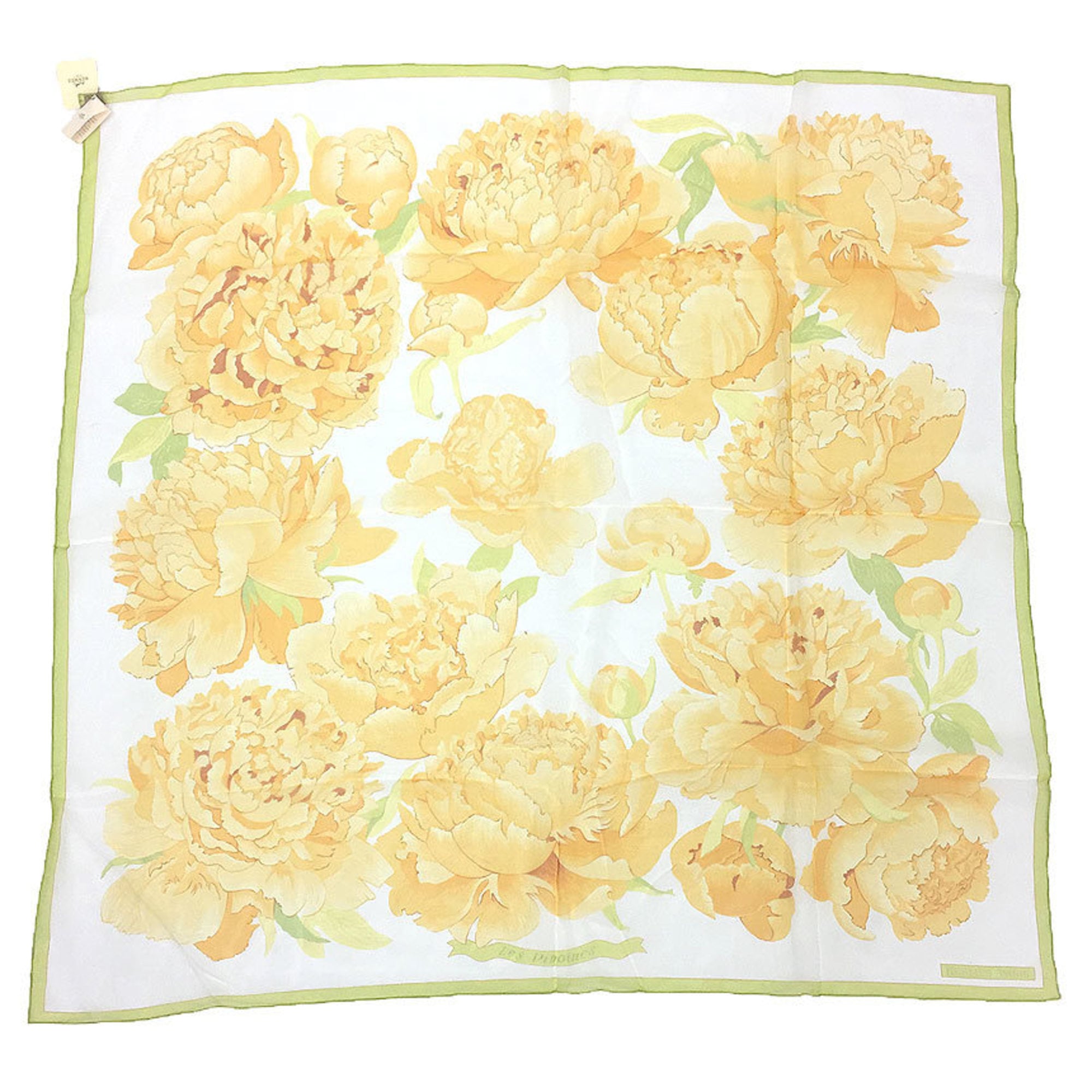 HERMES CarrÃ© 90 Scarf, Les Pivoines, Peony Design, 301646S-24, Silk Muslin, Yellow Orange,