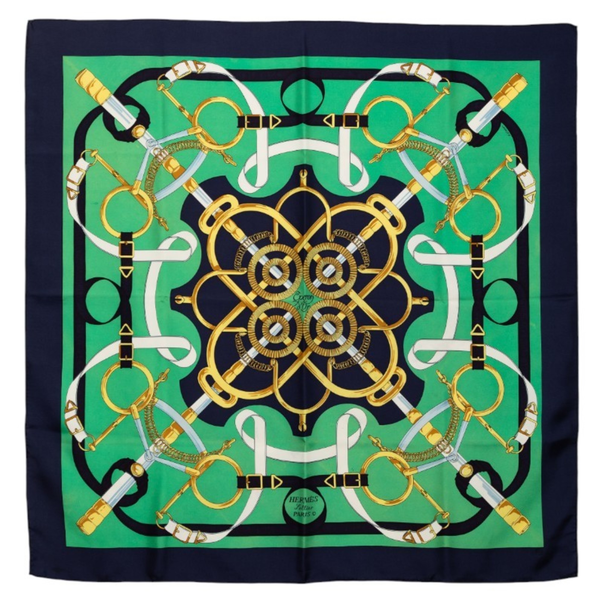 Hermes HermÃ¨s CarrÃ© 90 Eperon d’Or Scarf/Muffler in Green and Multicolored Silk for Women