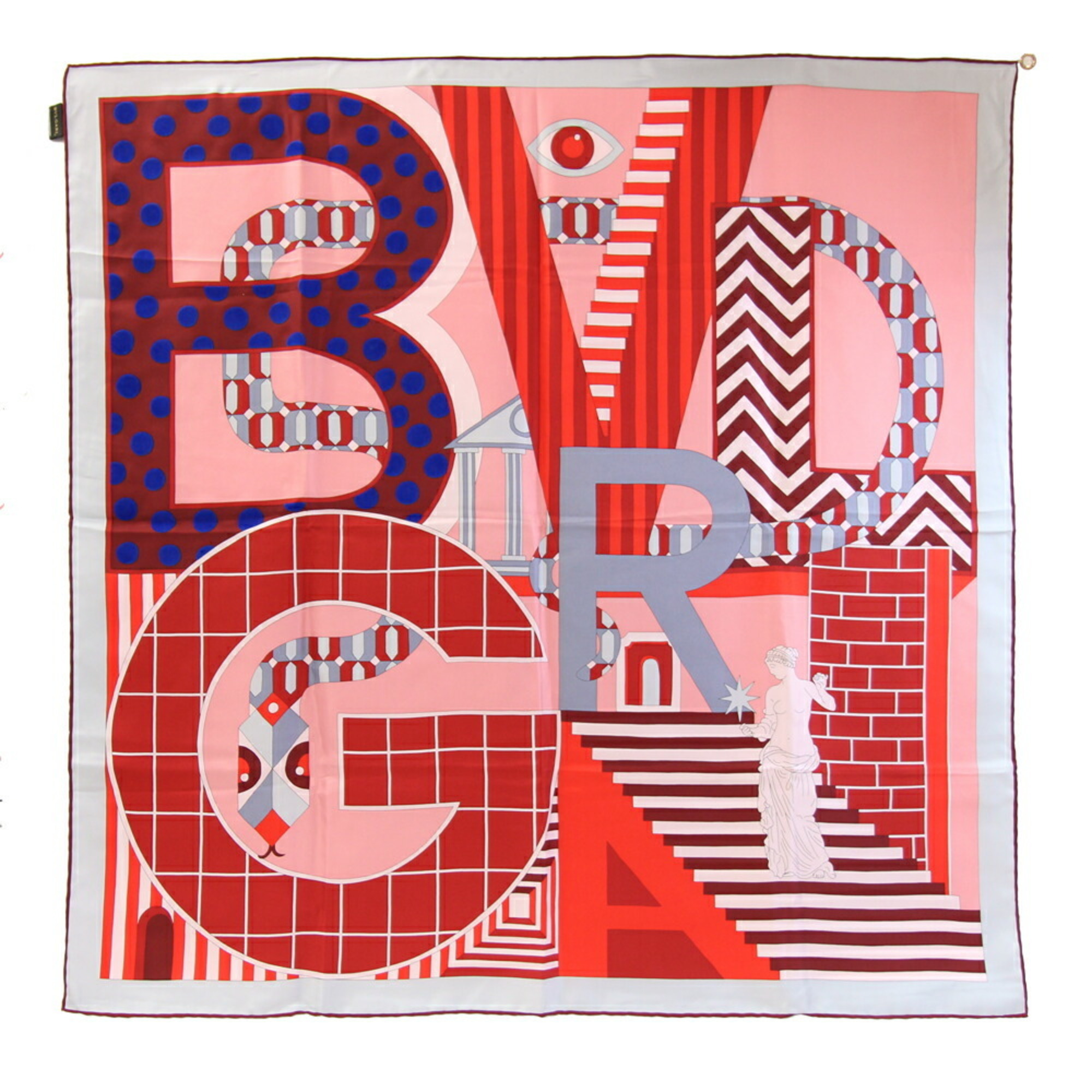 BVLGARI Scarf, Gray/Red, 100% Silk, Large Stole, Women’s