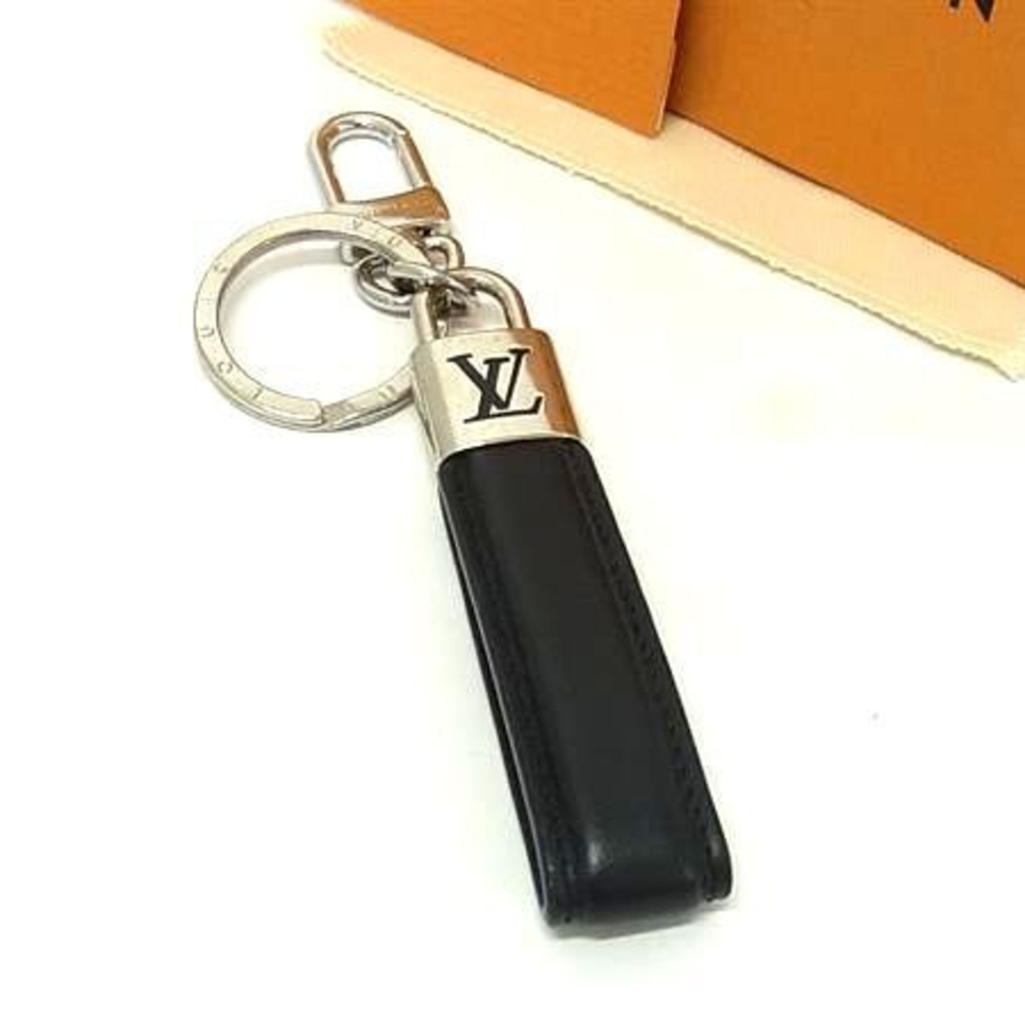 LOUIS VUITTON Dragonne LV Padlock Keychain M00745 Black Leather and Metal Men’s Key Ring
