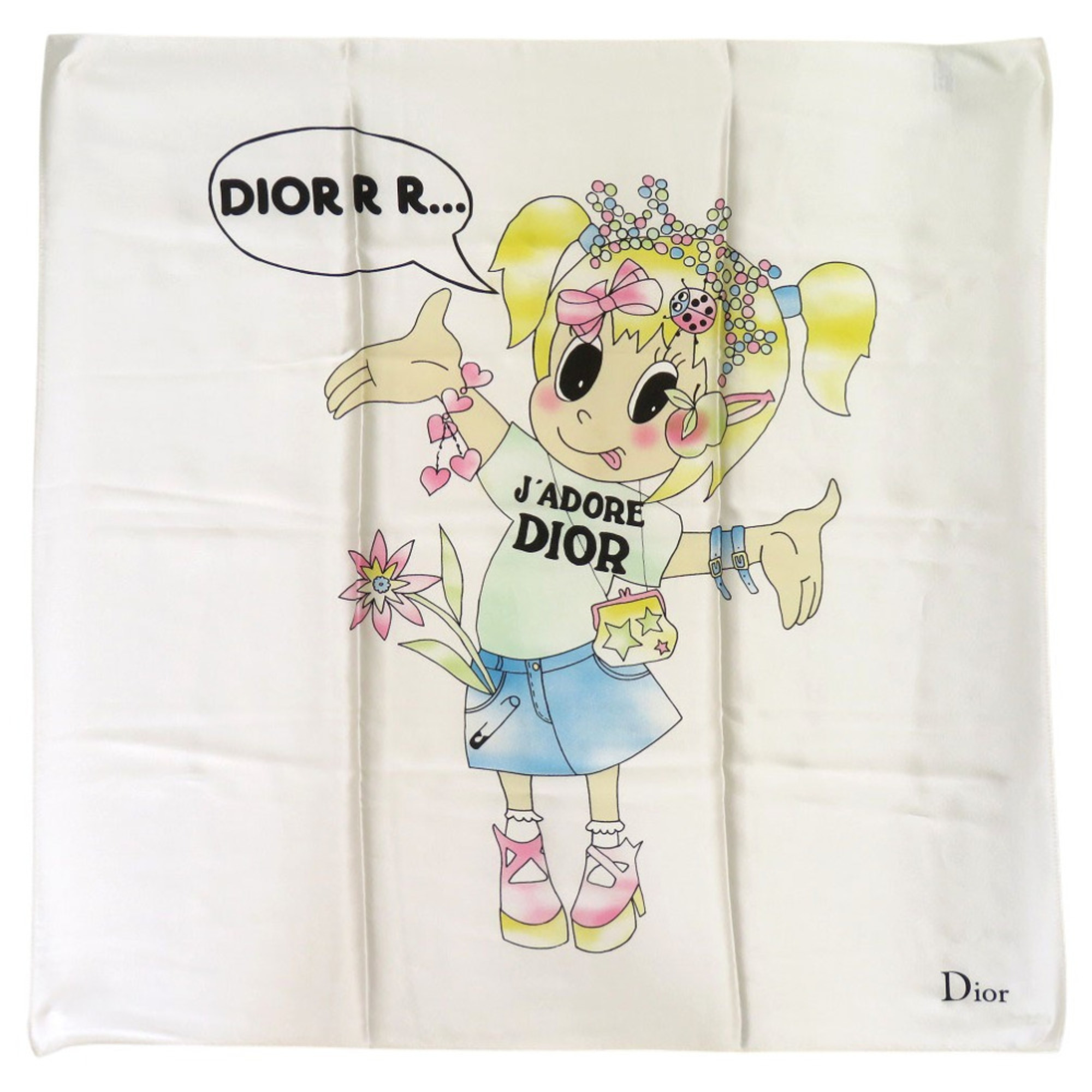 Christian Dior J’ADORE DIOR Scarf/Muffler with Heart, Ribbon, and Flower Design, Silk, White, 0026, for Girls