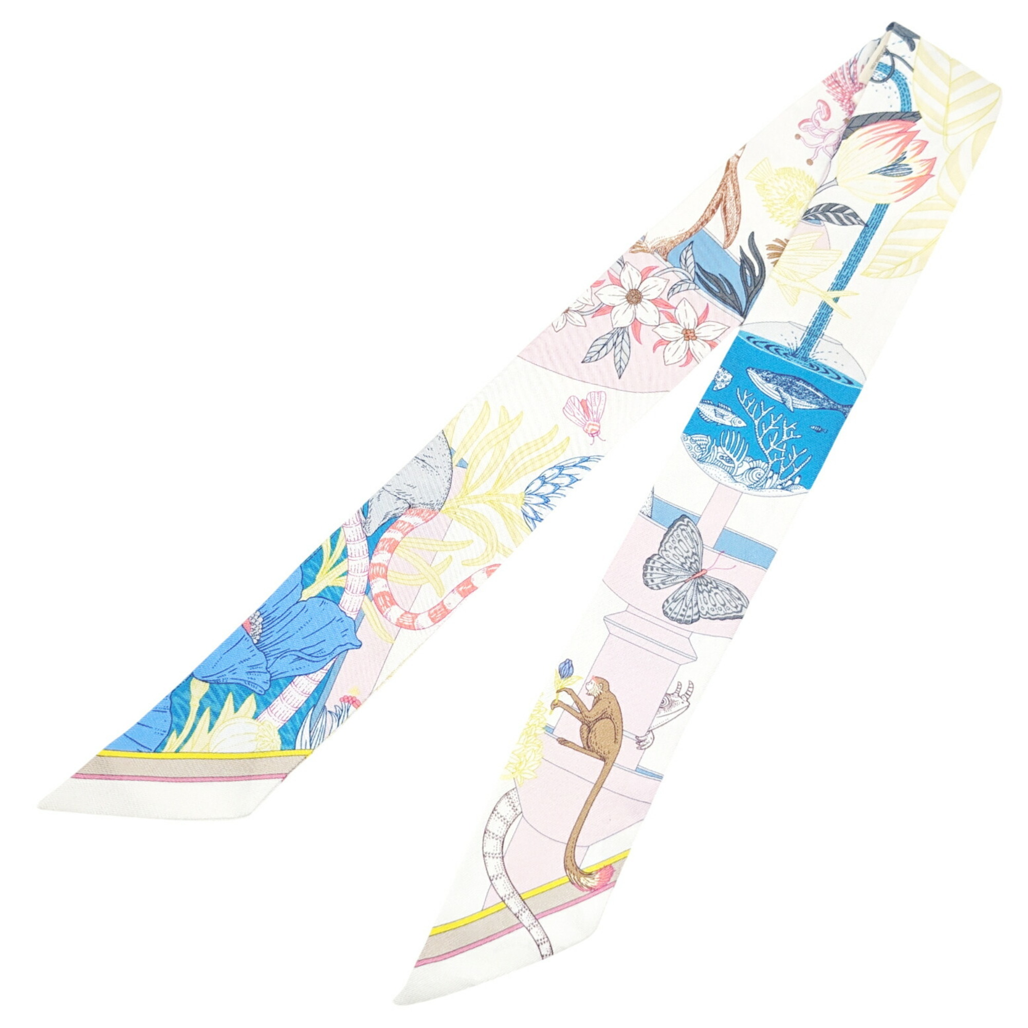 HERMES Precious Paradise Twilly Scarf, Silk, Rose Pearl, White, Blue, Women’s