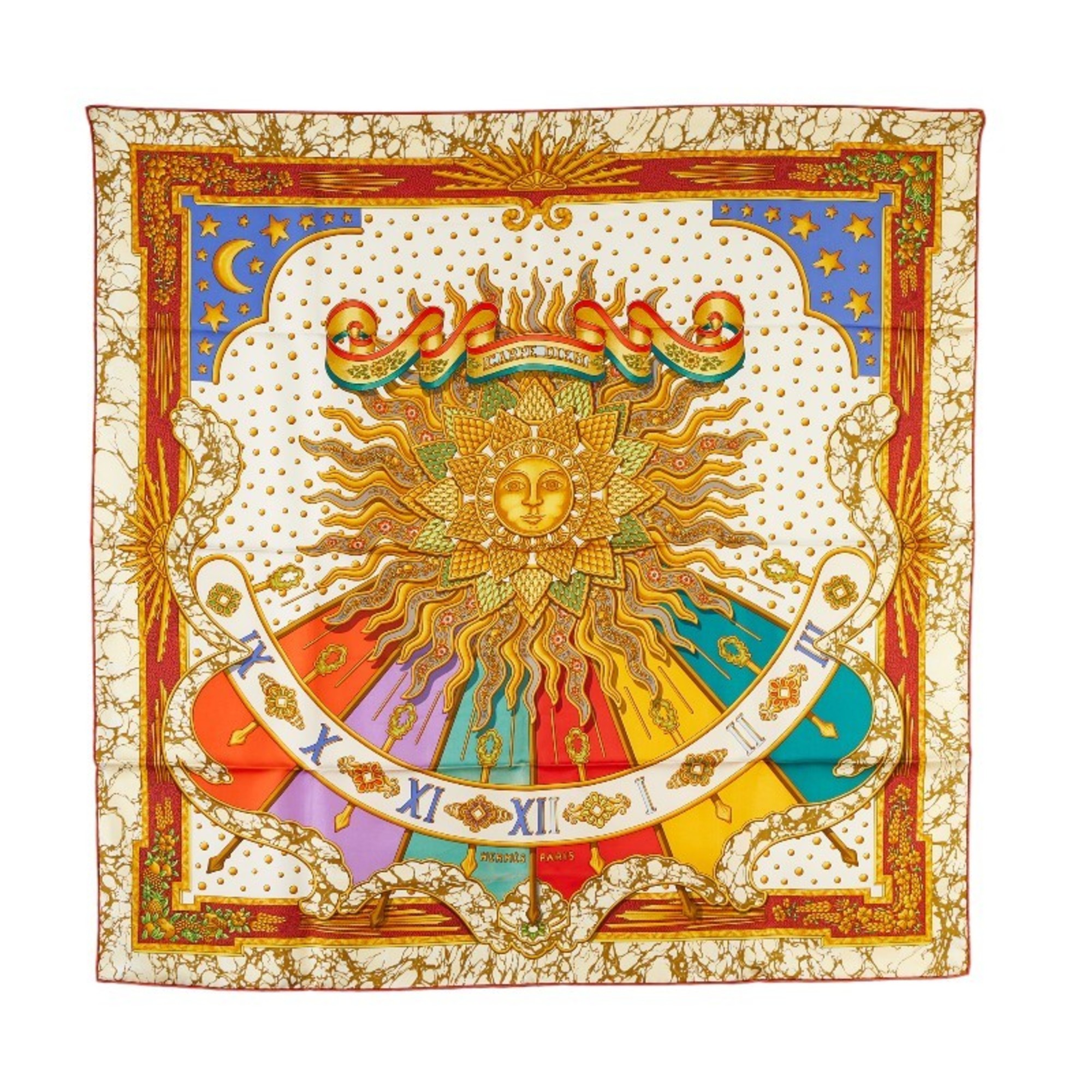 Hermes Carre 90 CARPE DIEM Enjoy Today Sun Moon Stars Scarf Muffler White Multicolor Silk Women’s HERMES