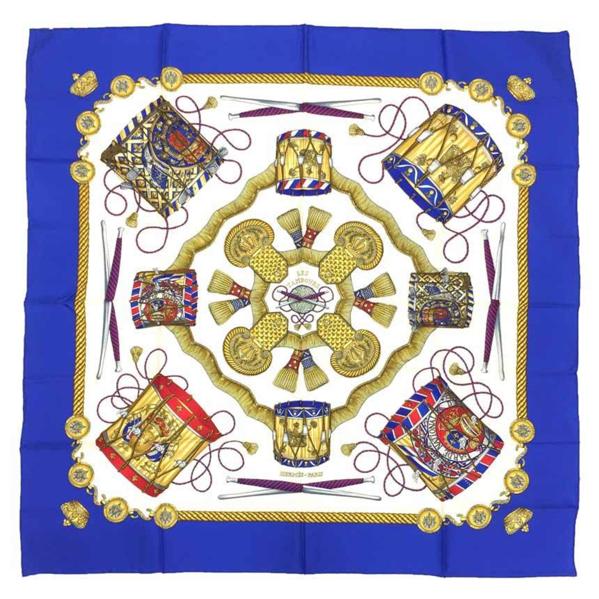 HERMES Hermes CarrÃ© 90 LES TAMBOURS Tambour drums Blue x white 100% silk scarf muffler