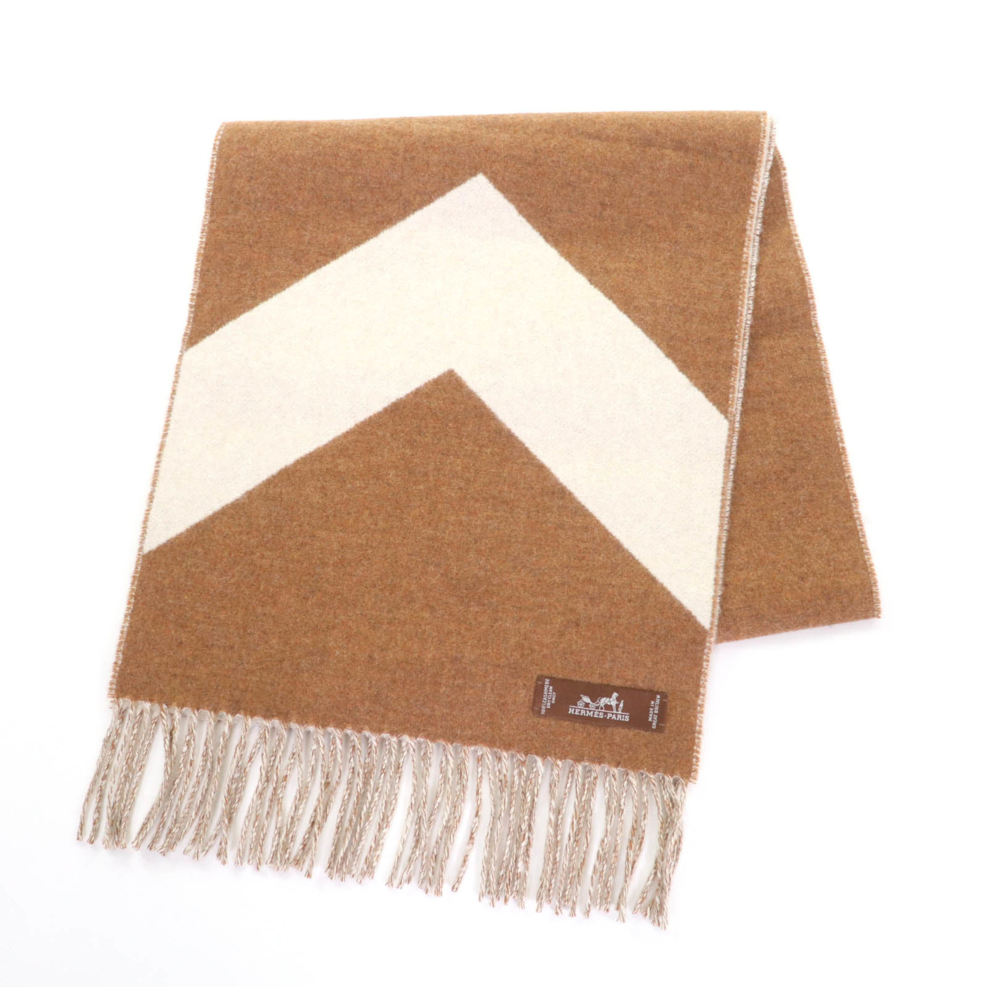 HERMES Kazak Chevron 100% Cashmere Reversible Fringed Scarf, Brown and White, Made in England, Women’s