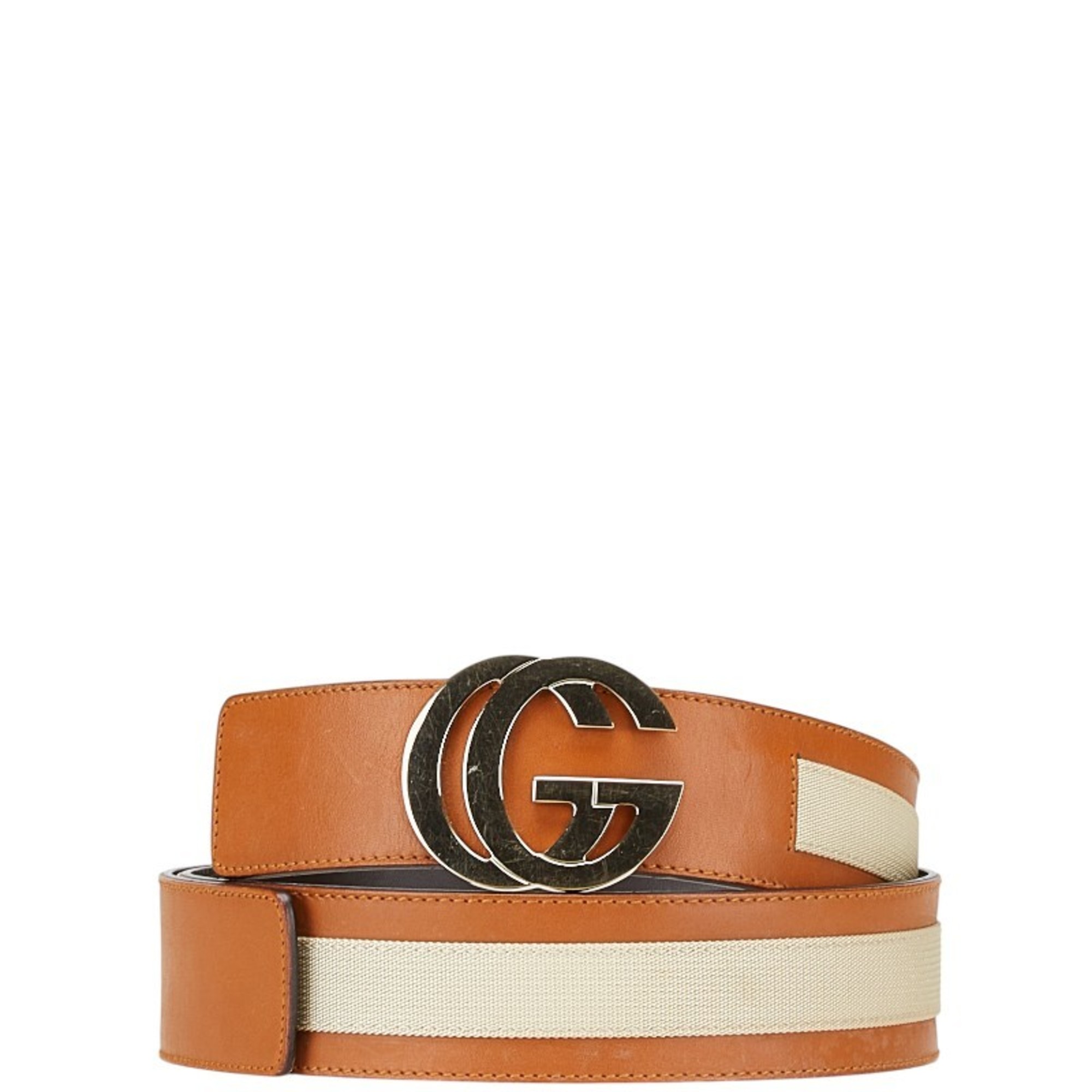 Gucci Double G Belt, Sizes: 80/32, 212956, Brown/Beige Leather/Nylon, Men’s, GUCCI