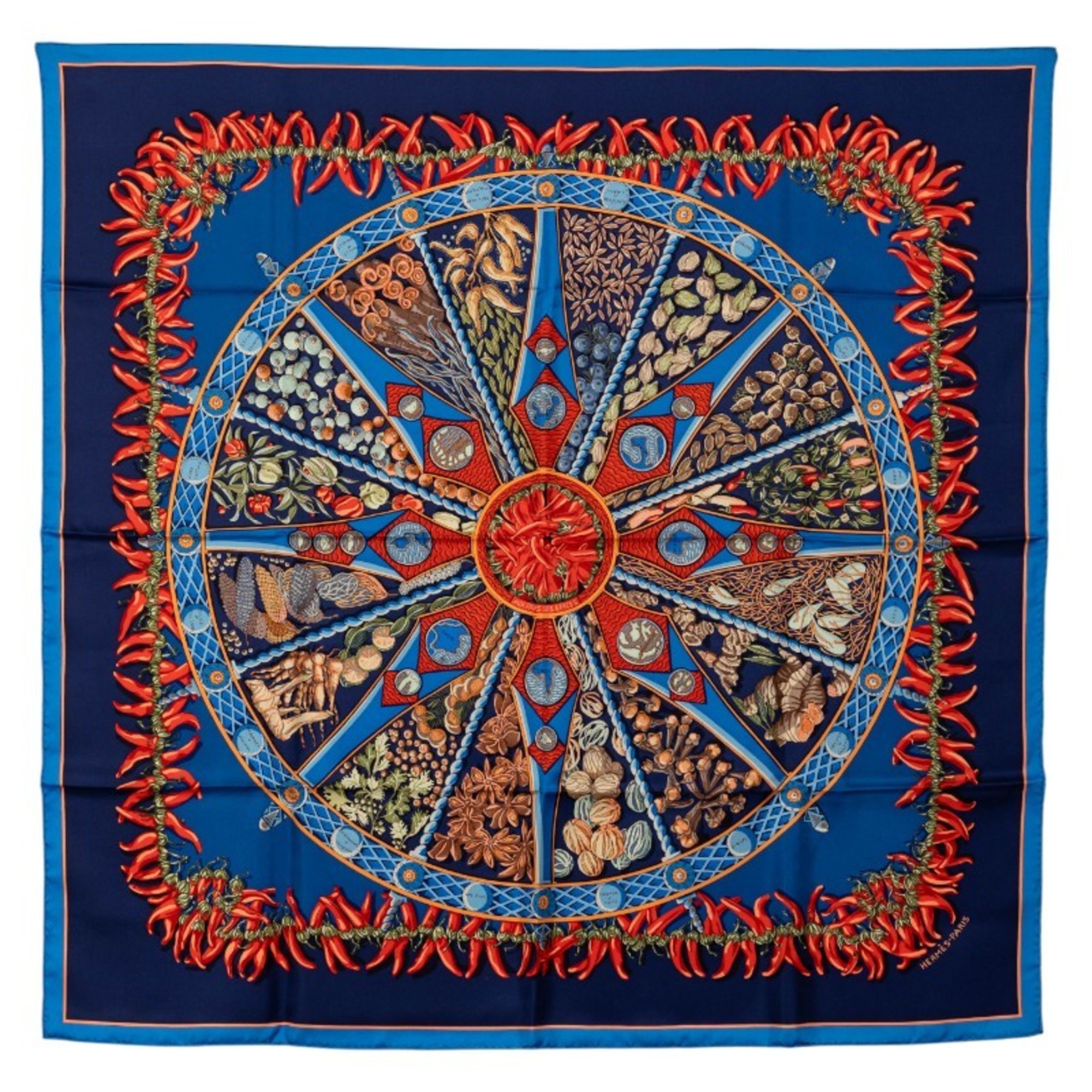 HermÃ¨s CarrÃ© 90 “In the Land of Spices” Scarf, Blue Multicolor Silk, Women’s, HERMES