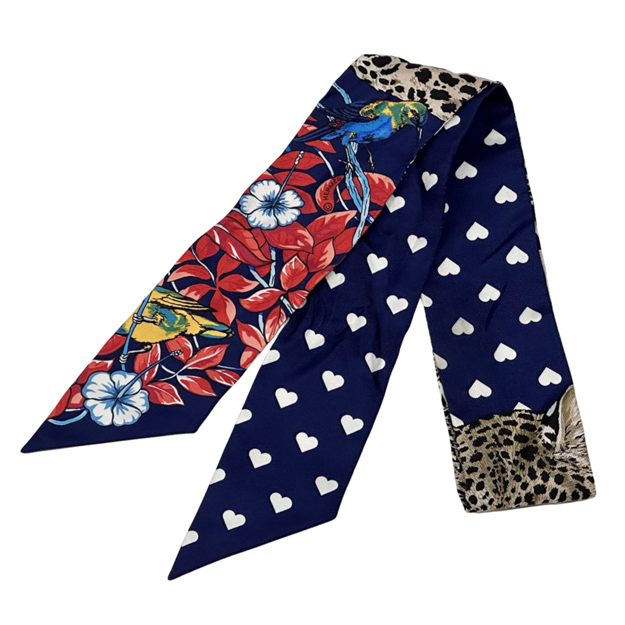 Hermes HermÃ¨s Jungle Love Twilly Scarf/Muffler, Women’s, Silk, Navy Blue, Multicolor, Heart Print, Leopard, Animal, Bird