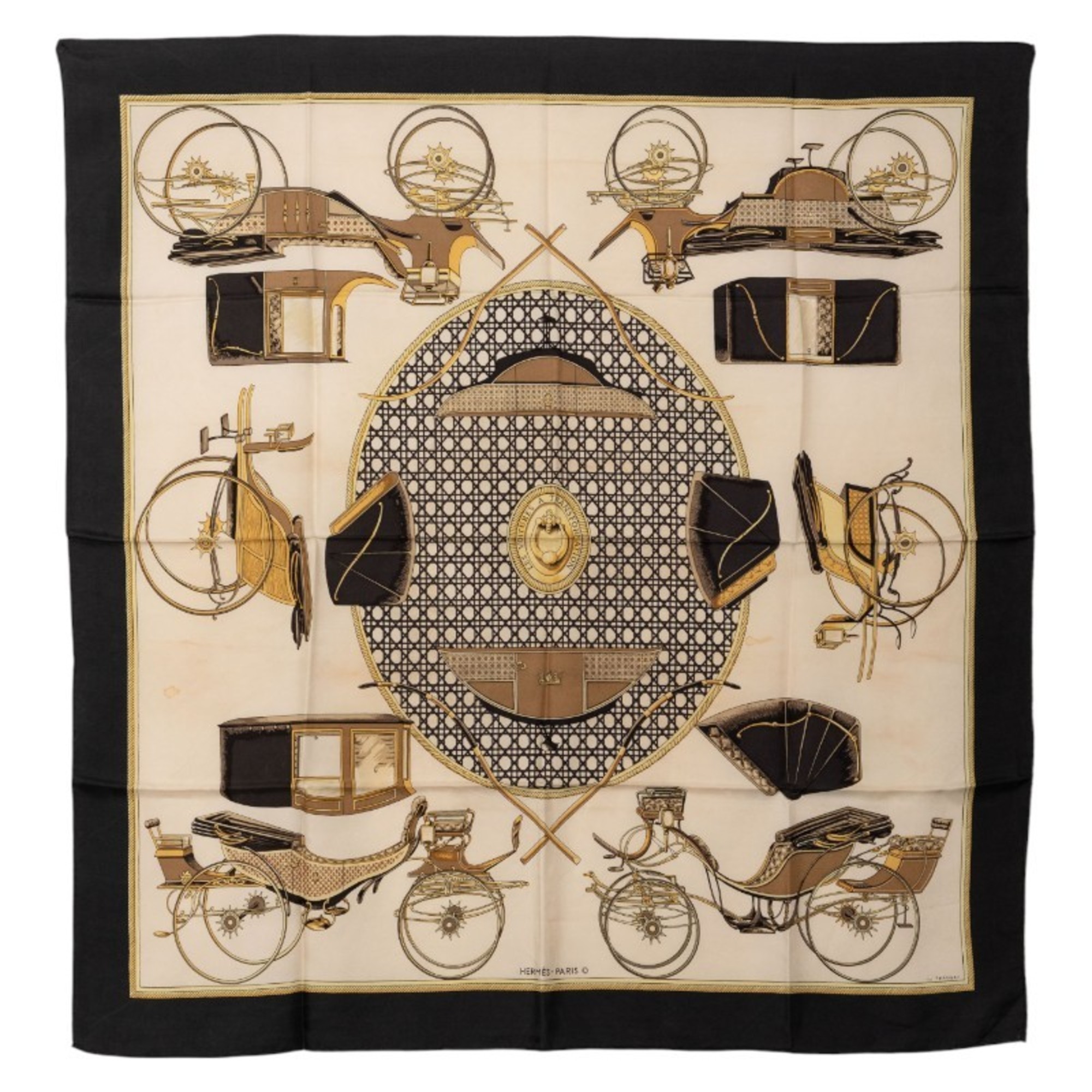 Hermes HermÃ¨s CarrÃ© 90 “Les Voitures a Transformation” Folding Carriage Scarf, Black and Multicolor Silk, Women’s