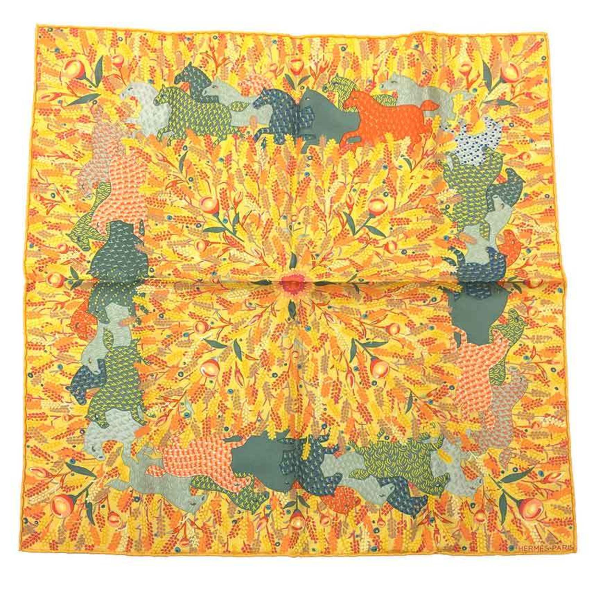 HERMES Hermes CarrÃ© 45 Petite Scarf Horse Wheat Field 100% Silk Orange Yellow Pocket Square