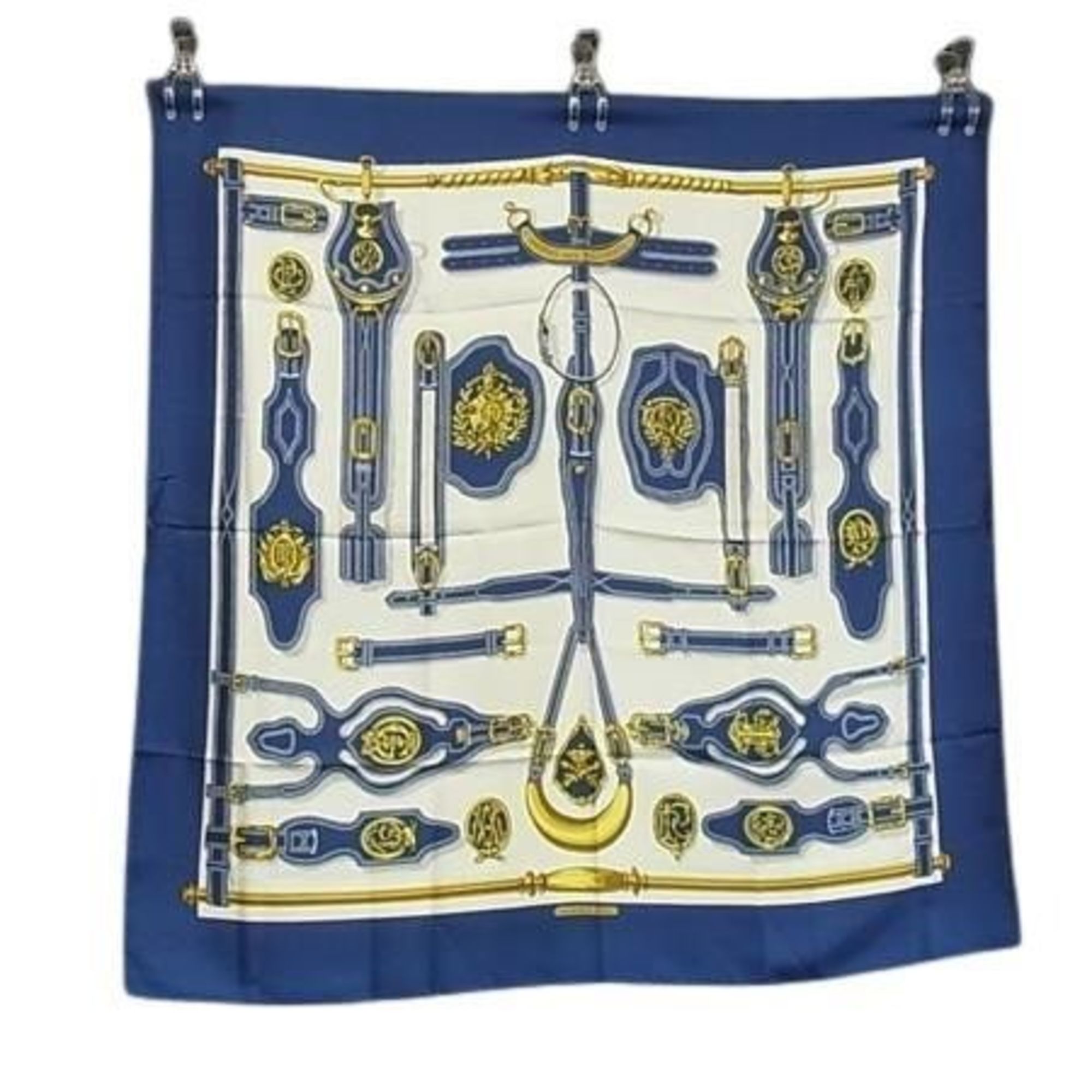 HERMES CarrÃ© 90 Scarf, Blue and White Silk, Women’s, HARNAIS DES PRESIDENTS, Presidential Horse Tack