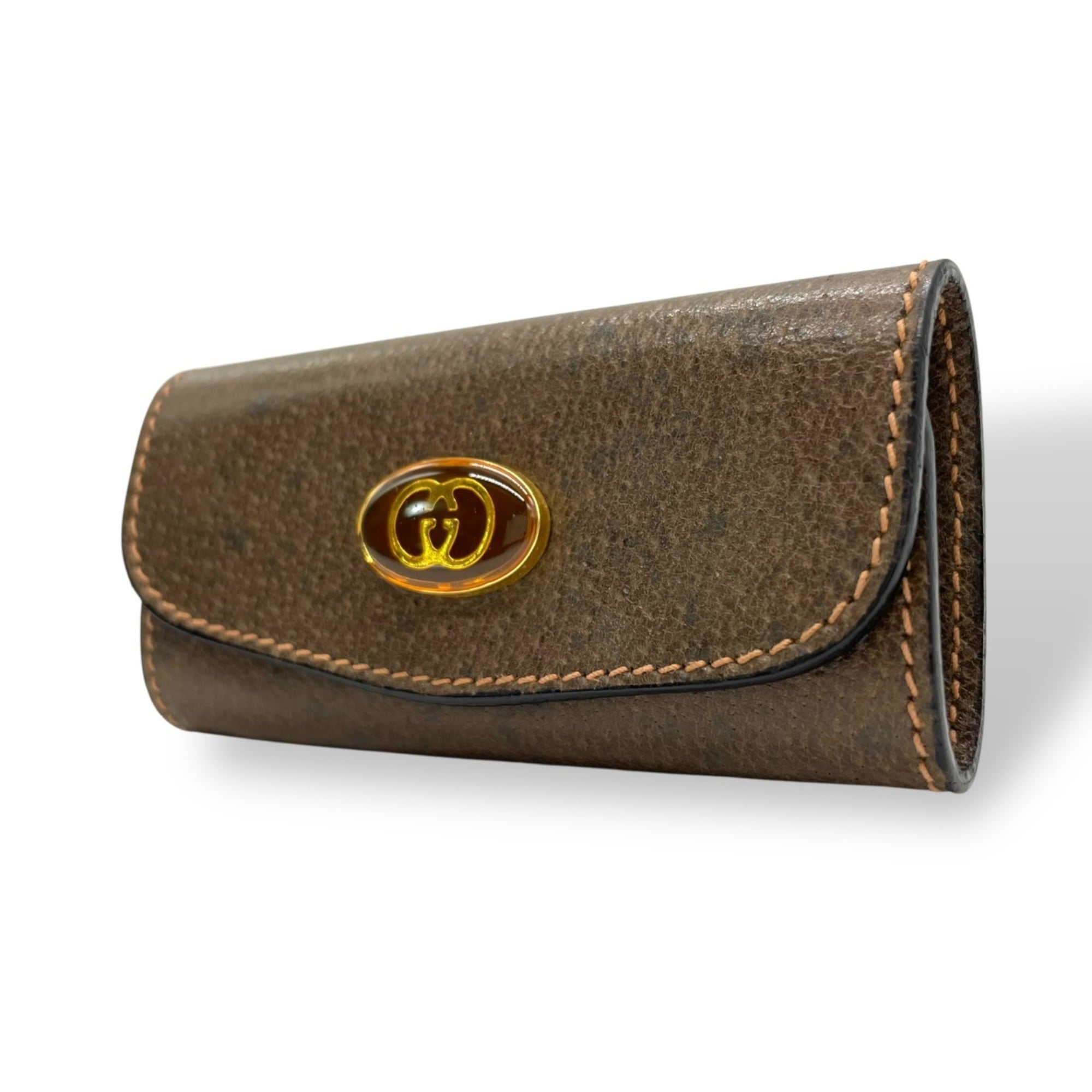 Gucci 3-ring tri-fold key case, brown leather with Interlocking G and gold hardware, vintage Gucci, men’s women’s, M1