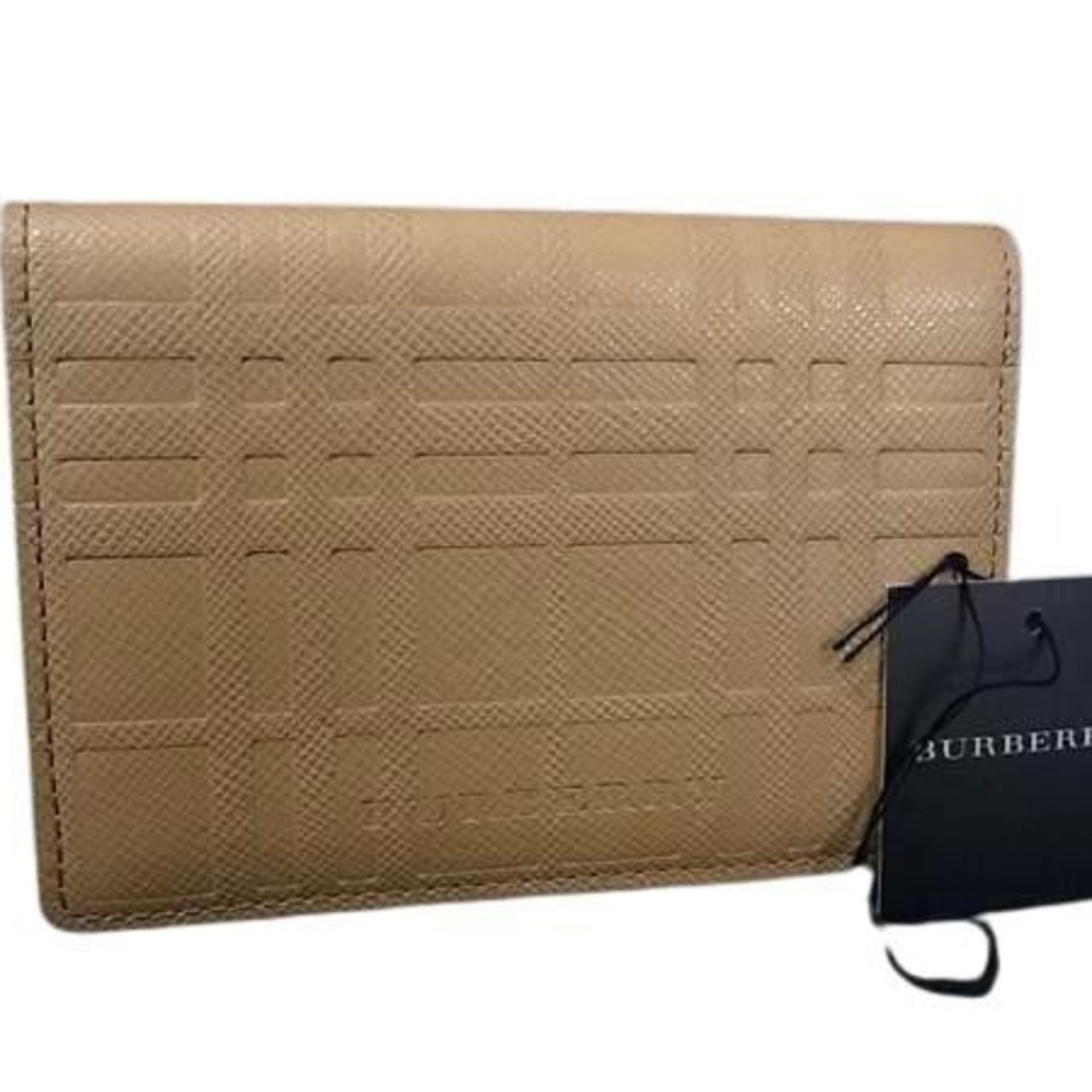 BURBERRY Business Card Case, Beige Leather Check Embossed for Men and Women