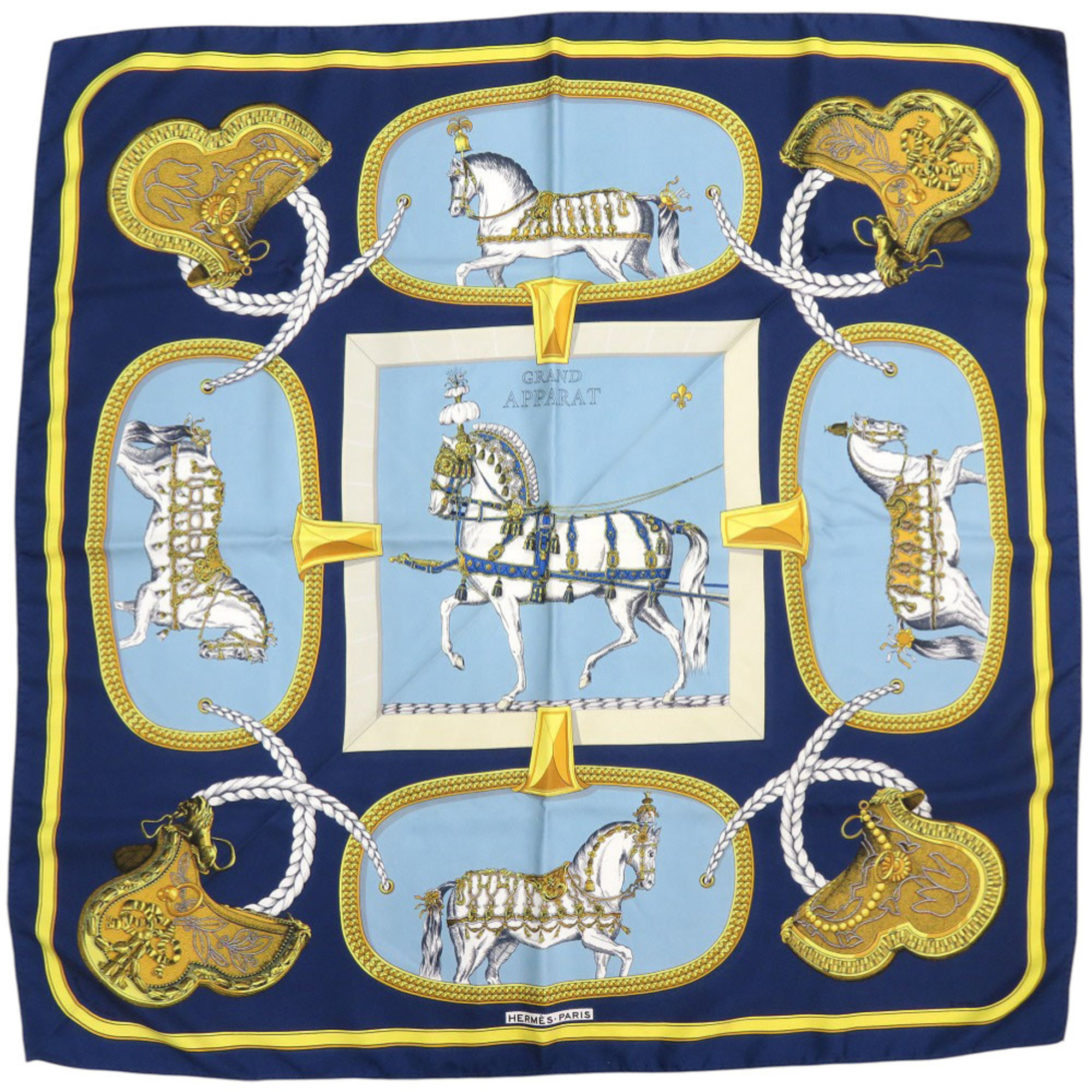 HermÃ¨s CarrÃ© 90 Grand Apparel, Horse in Full Dress, Silk Scarf/Muffler Navy, Light Blue, Gold, and Multicolor, 0140, HERMES