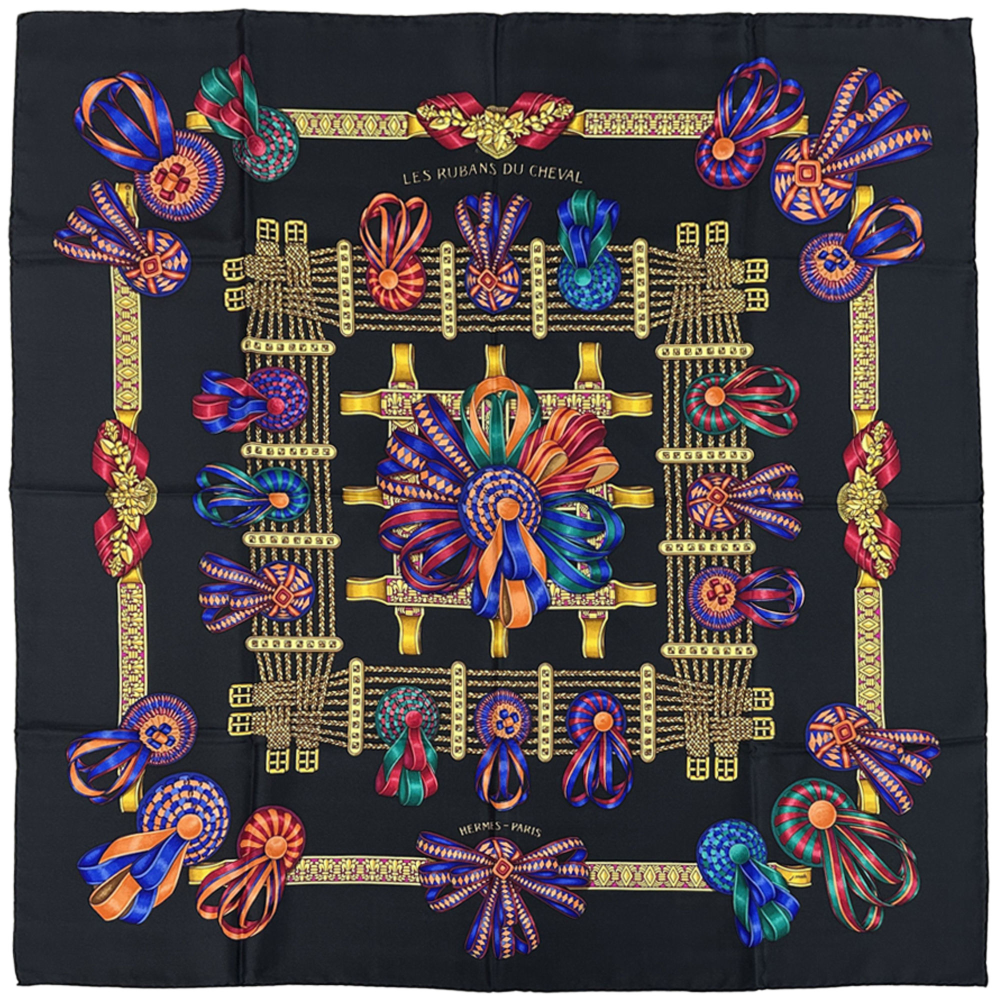 HermÃ¨s HERMES CarrÃ© 90 Scarf, “Les Rubans du Cheval” Horse Ribbon, Women’s, Silk, Black, Multicolor, Black
