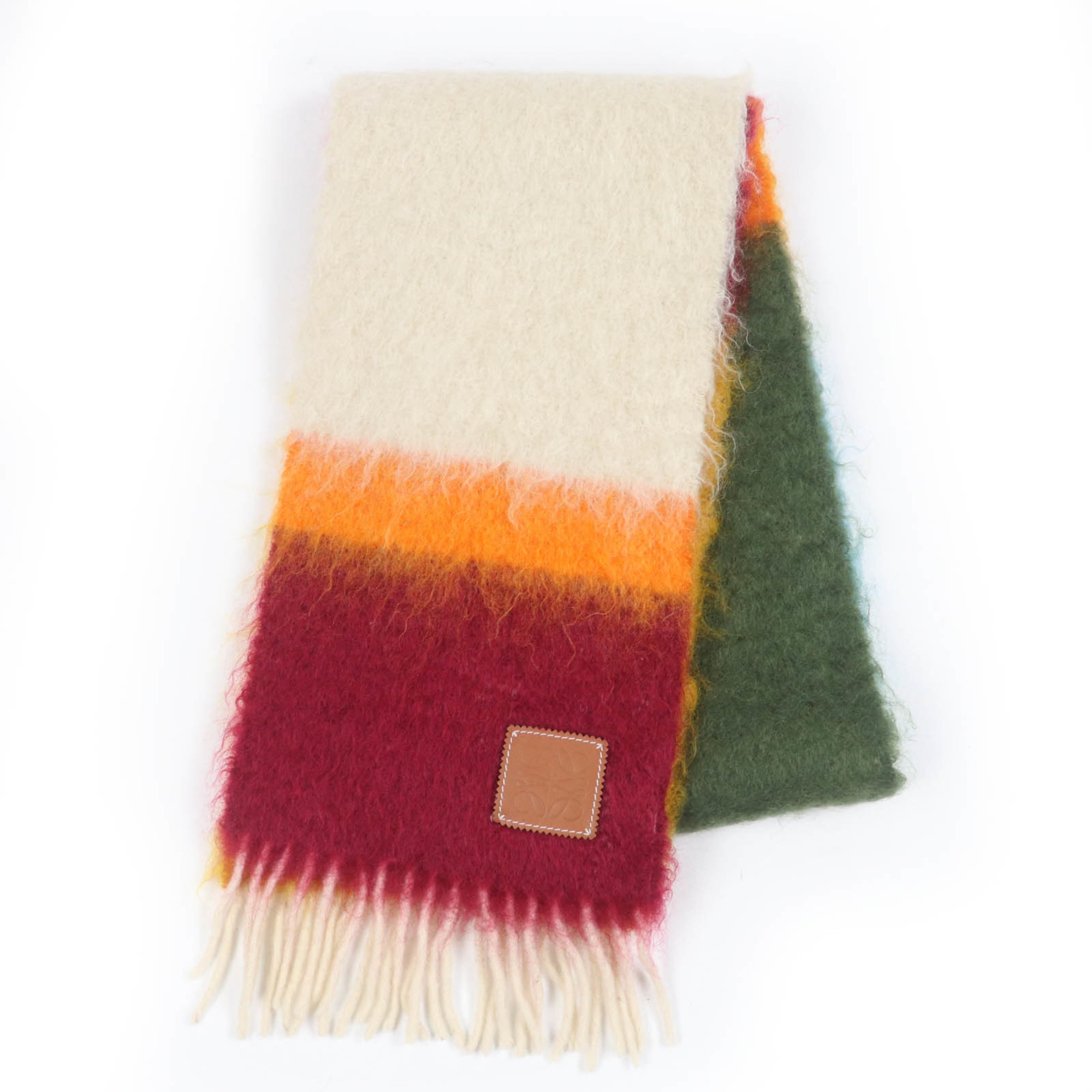 LOEWE Women’s Mohair Wool Scarf with Monogram Leather Patch and Fringe, Multicolor, Made in Spain, Authentic