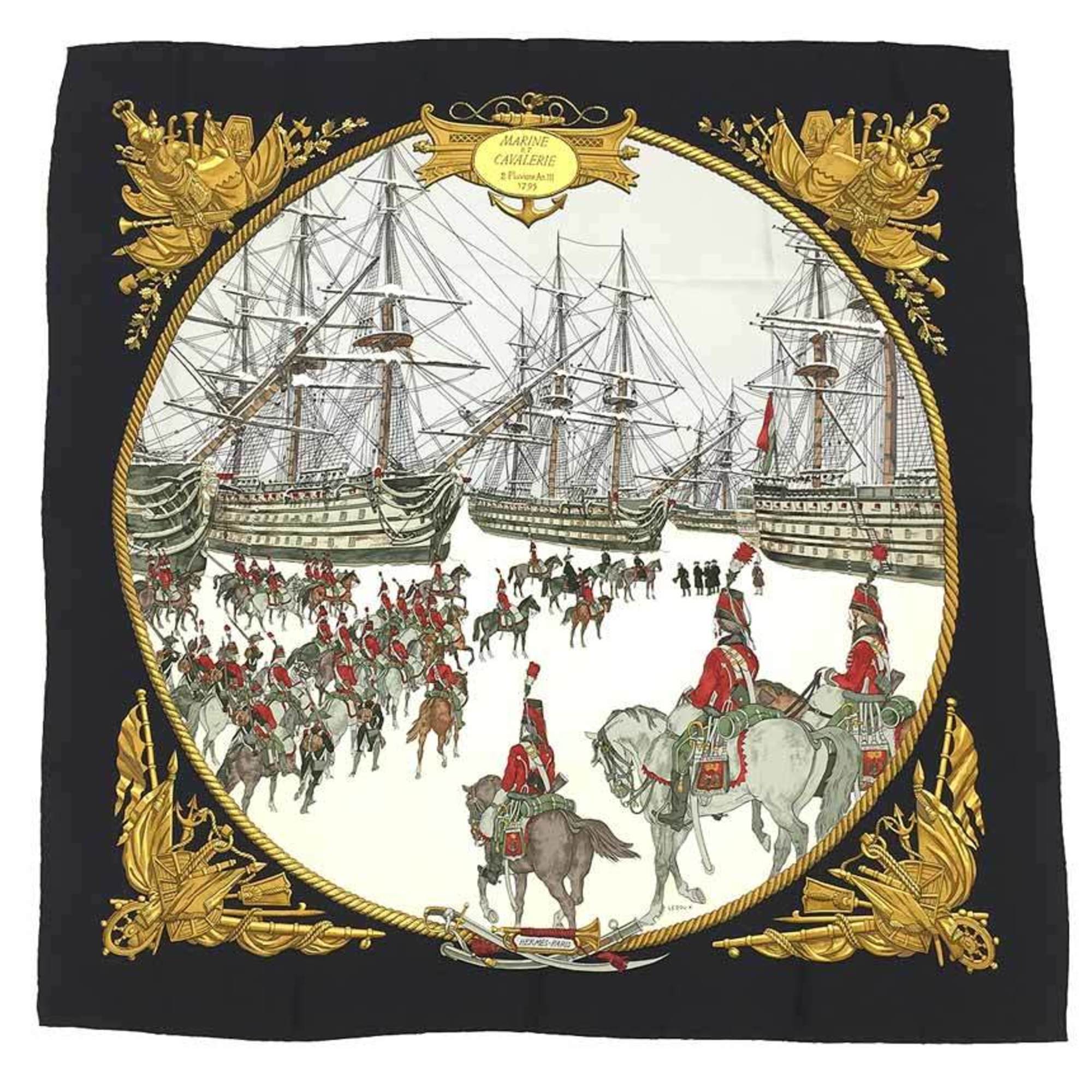 HERMES Scarf Muffler Carre 90 MARINE ET CAVALERIE Black 100% Silk