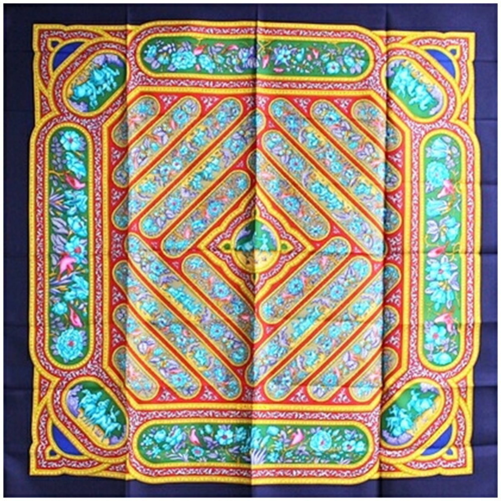 Hermes HermÃ¨s Silk Scarf/Muffler, CarrÃ© 90, Unworn, QALAMDAN, Navy x Multicolor, Women’s