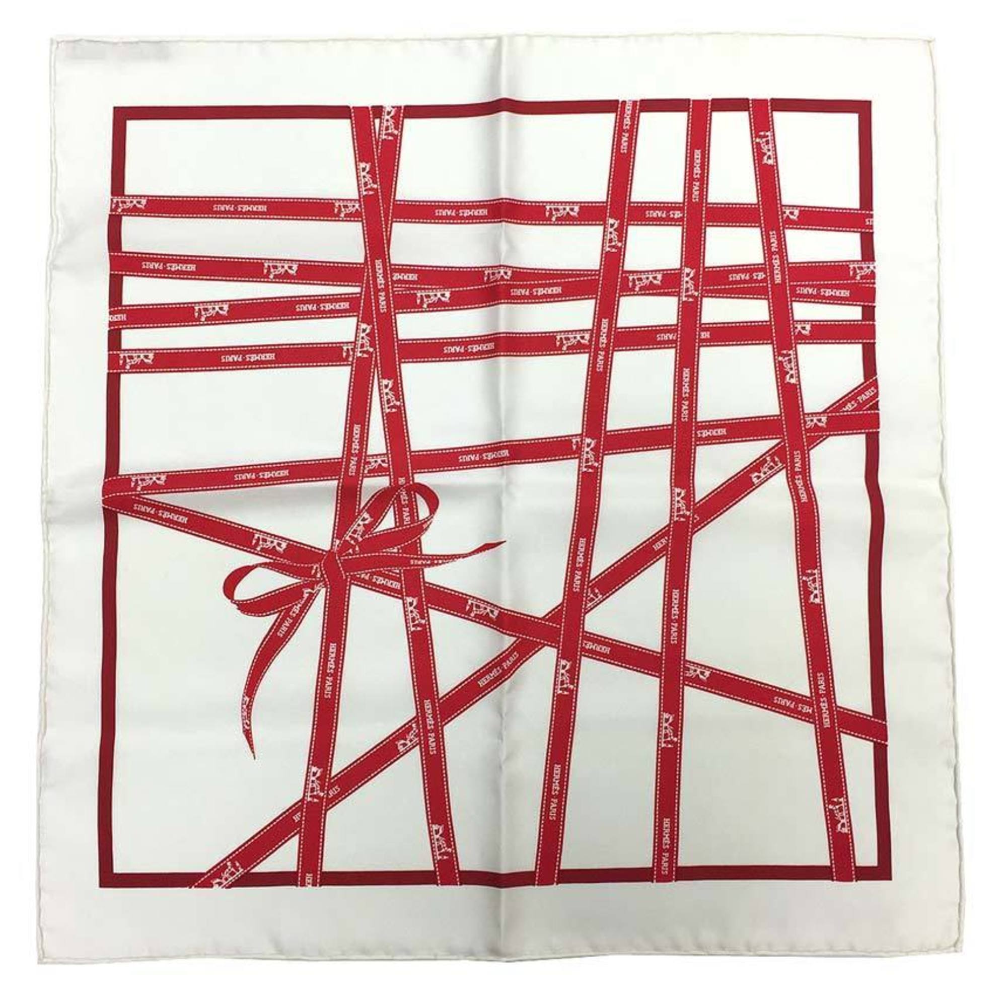 HERMES CarrÃ© 45 Scarf/Muffler, Bolduc au Carre, Ribbon Pattern, Ivory and Red, 100% Silk