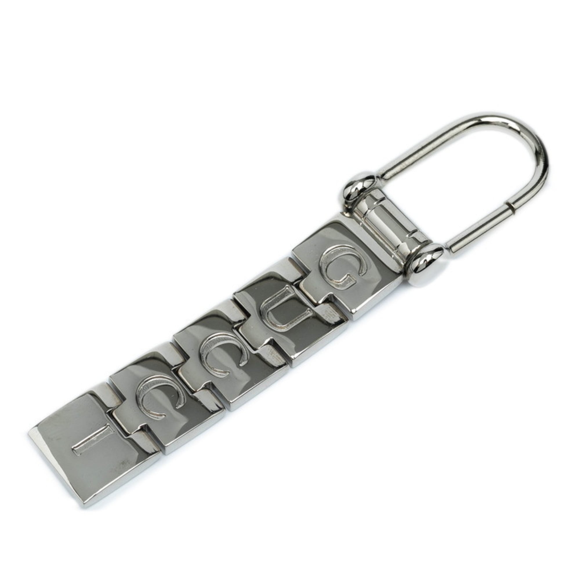 Gucci logo keychain charm in silver metal for women.