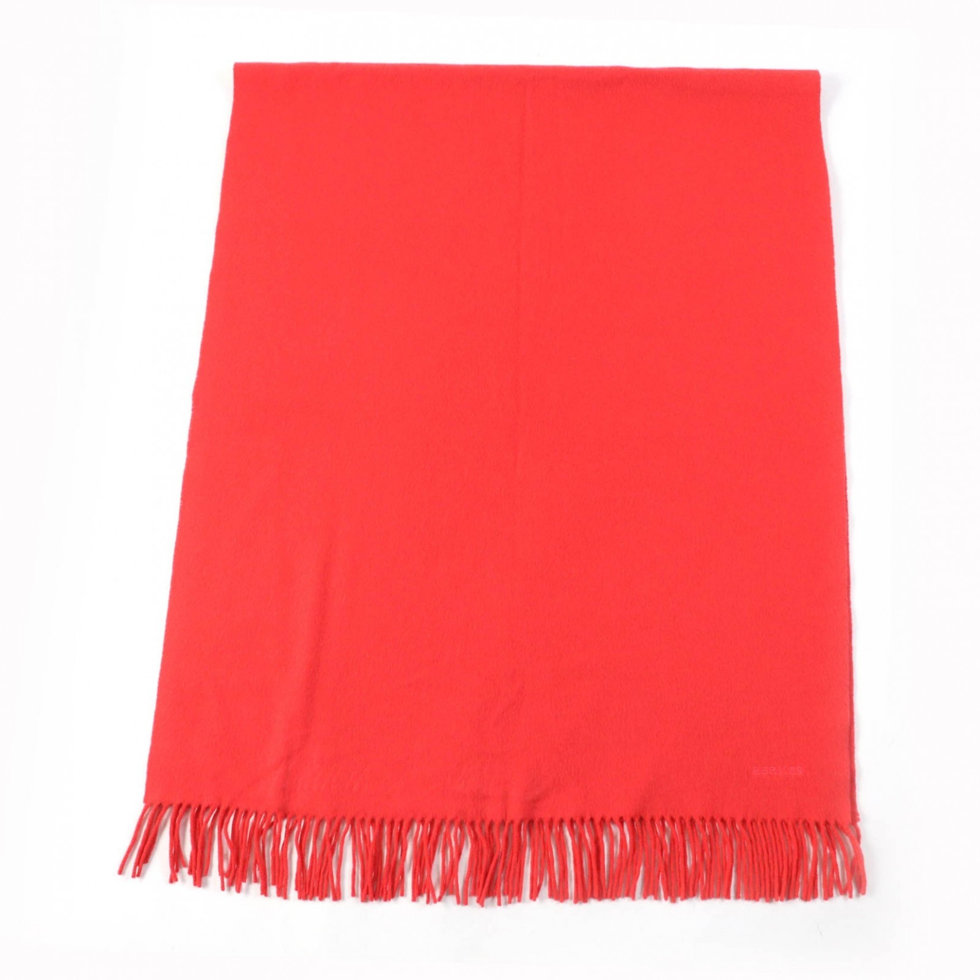 HERMES 100% Cashmere Shawl with Embroidered Logo and Fringe, Red, Women’s