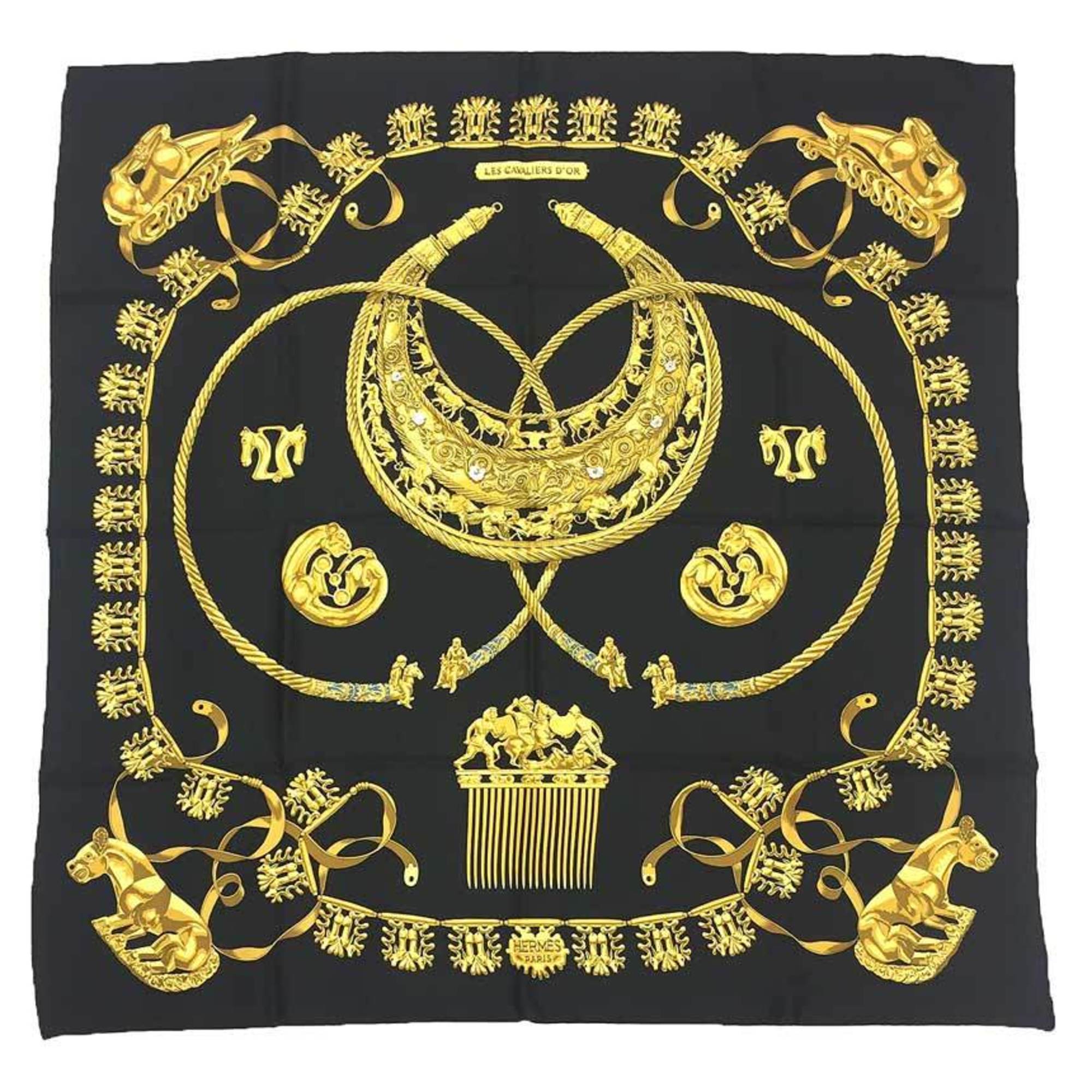 HERMES CarrÃ© 90 Scarf/Muffler, “Les Cavaliers D’Or” Golden Knights, Black, 100% Silk.