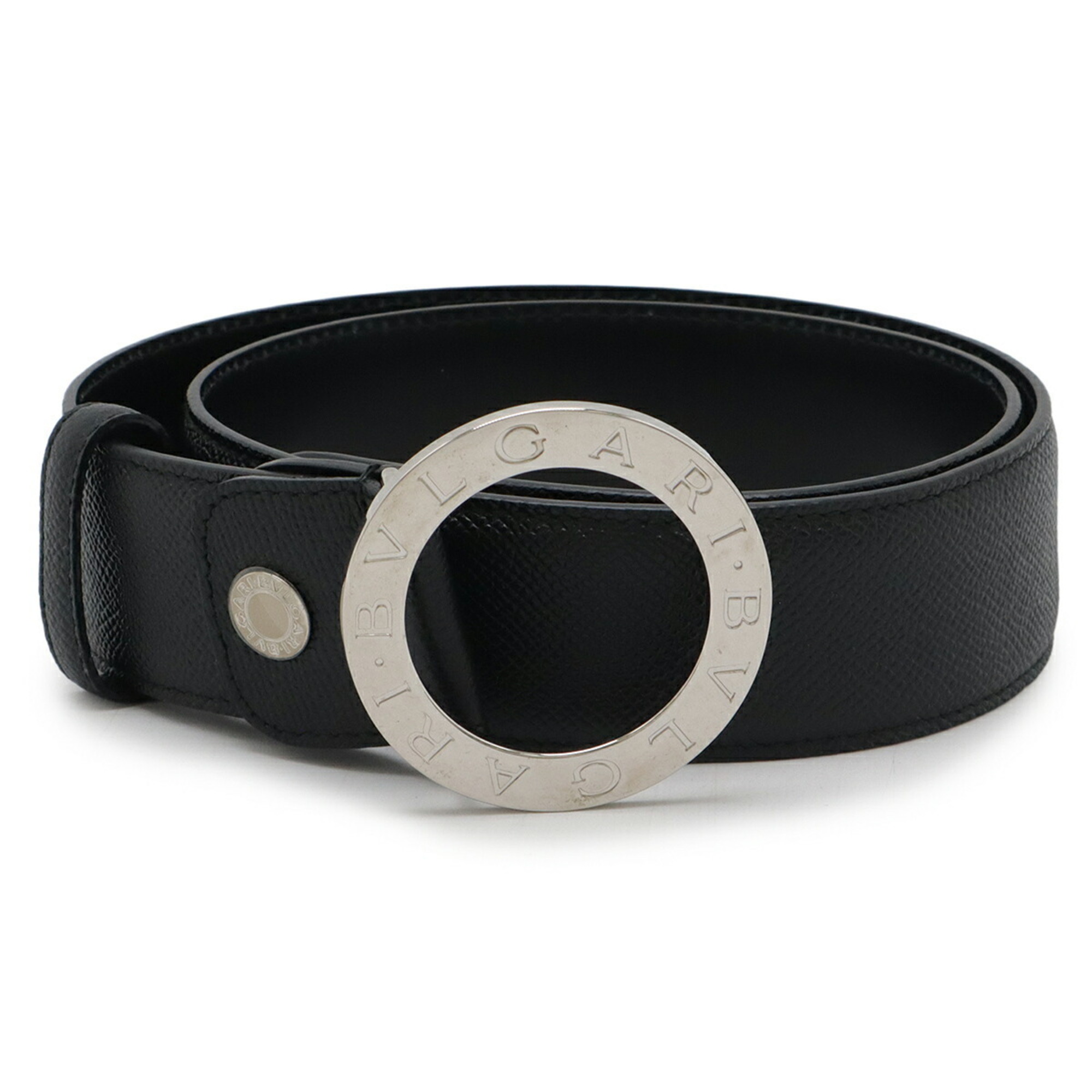 BVLGARI Bulgari Belt Round Buckle Leather Black Label 44/110 Actual Size 79cm Cut 20230