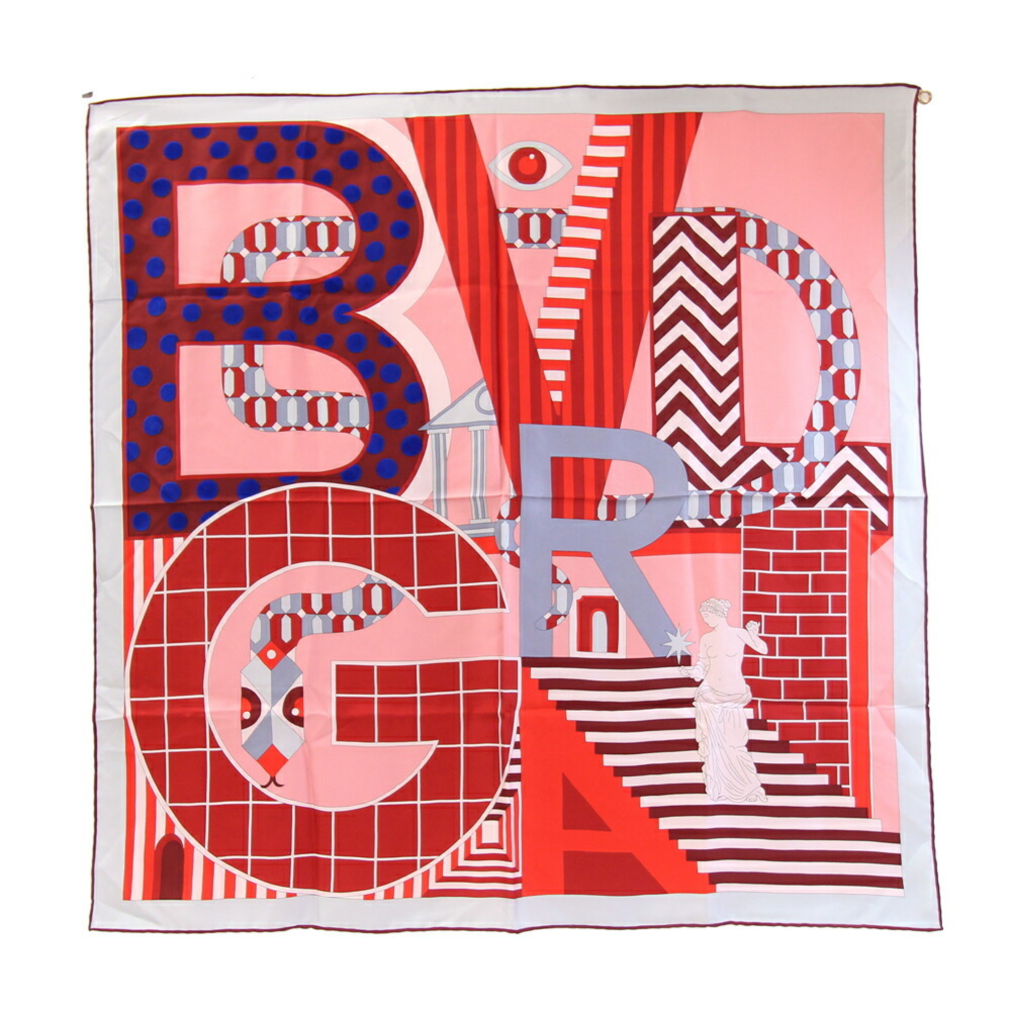 BVLGARI Scarf, Gray/Red, 100% Silk, Large Stole, Women’s