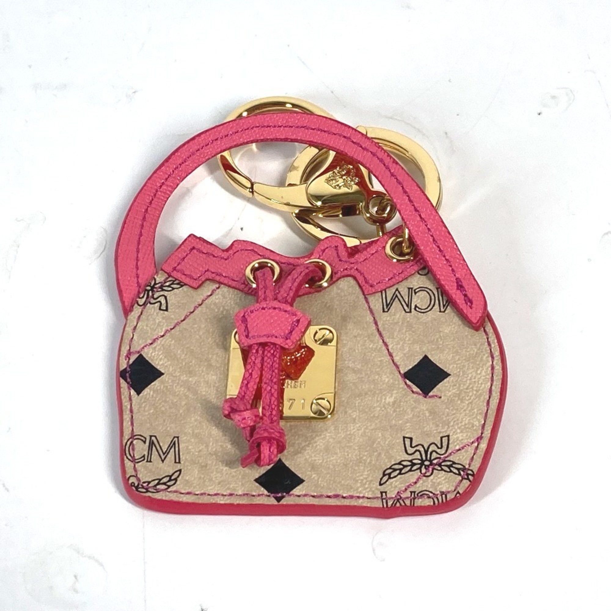 MCM Visetos Bag Design Charm Keychain Leather Women’s Beige