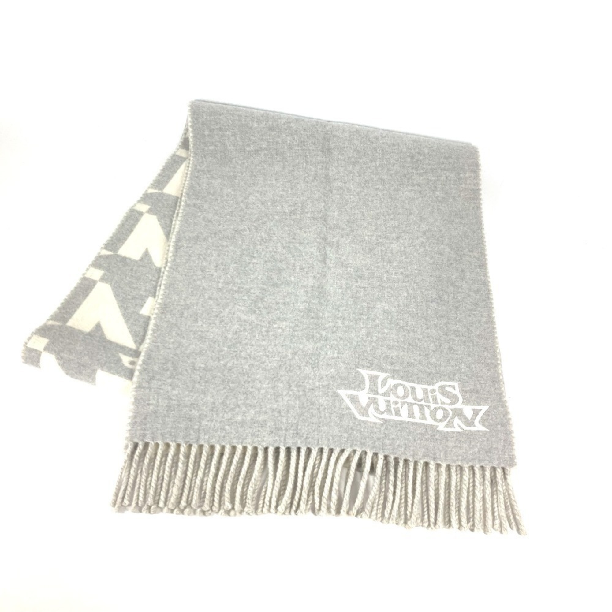 LOUIS VUITTON M78004 Fringe Scarf LV Dove Logo Wool Cashmere Men’s Women’s Grey