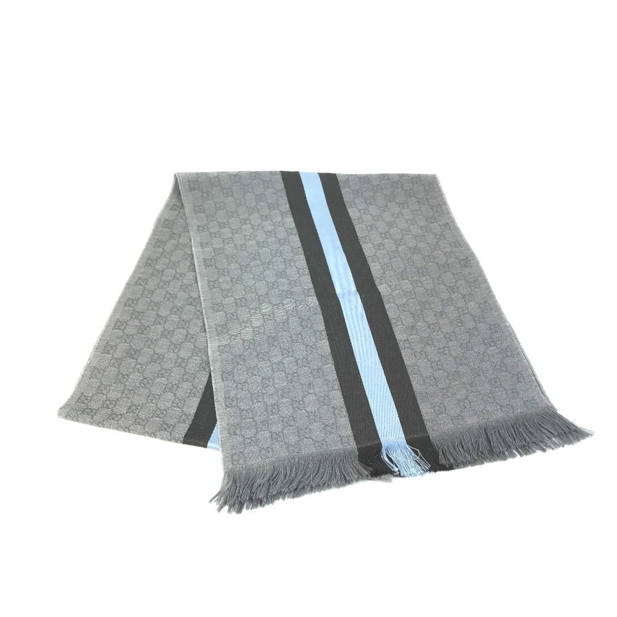 GUCCI 542984 GG Fringe Scarf, Wool/Silk, Men’s, Gray, Blue, and Black