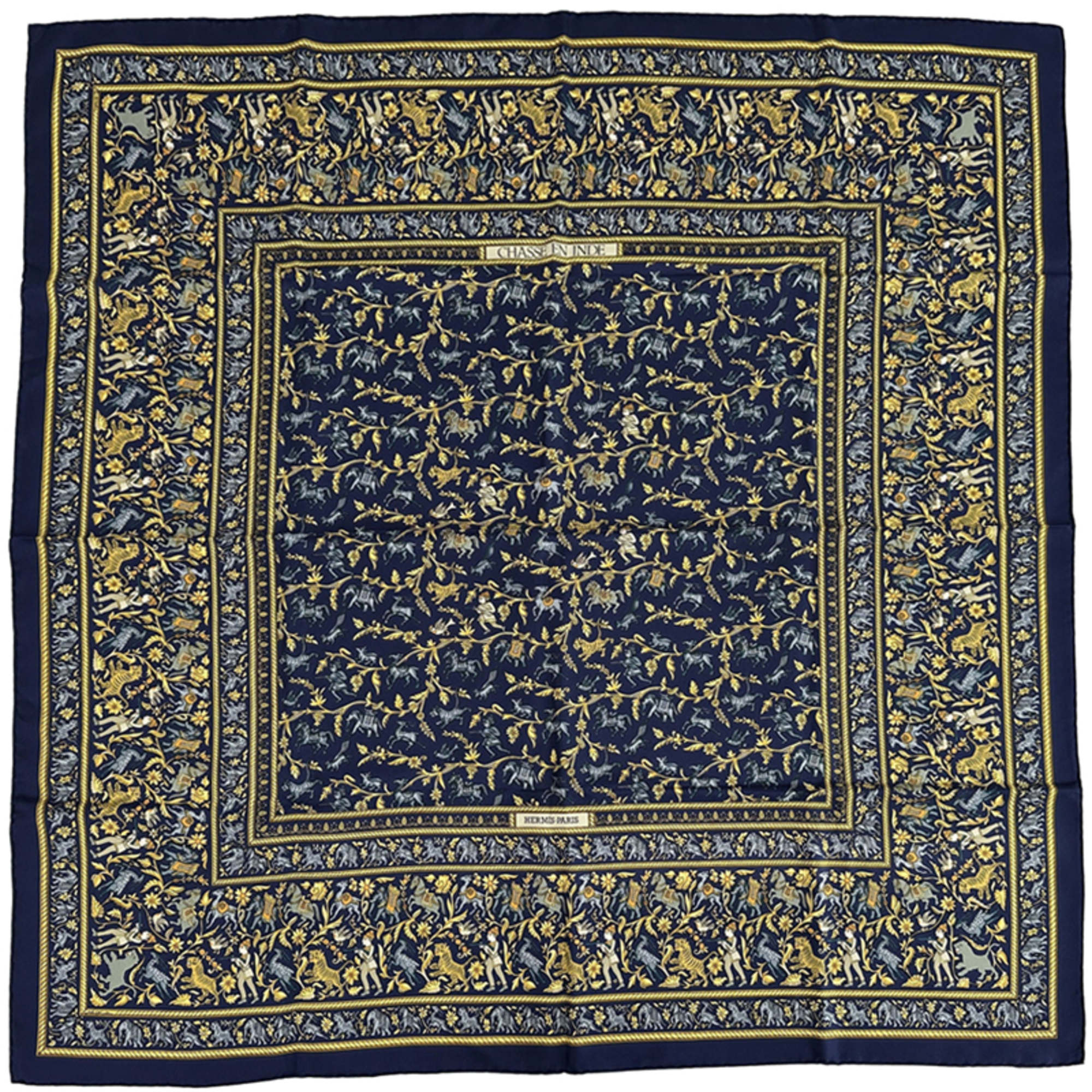 HermÃ¨s HERMES CarrÃ© 90 Scarf, “Chasse en Inde,” Indian Hunting, Women’s, Silk, Navy, Multicolor