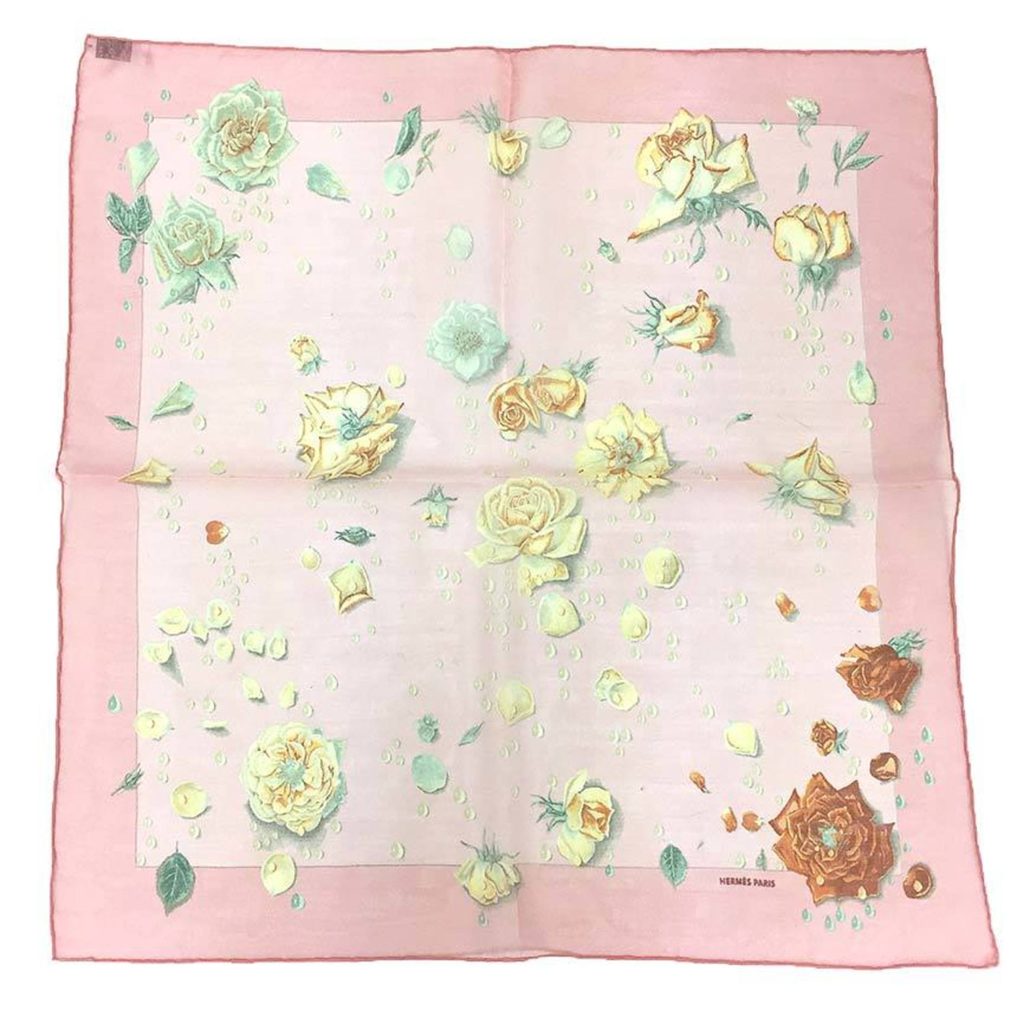 HERMES Scarf/Muffler, CarrÃ© 45, La Rosse, Dewdrop Rose Flower, Silk Muslin, Chiffon, Pink