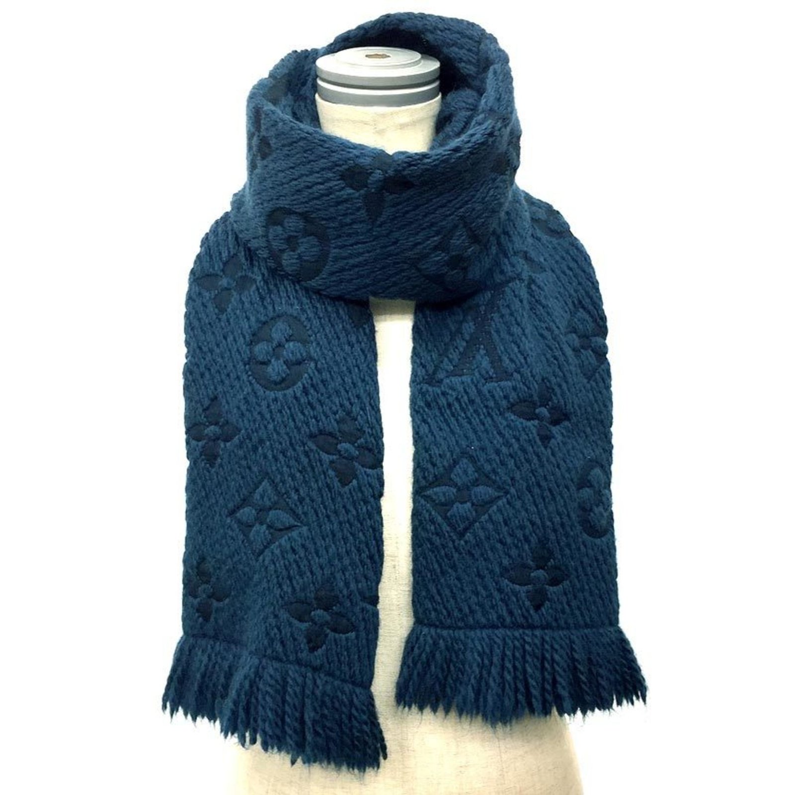 LOUIS VUITTON Monogram Muffler Escharp Mania M75504 Navy Wool x Silk Vuitton Men and Women aq9382