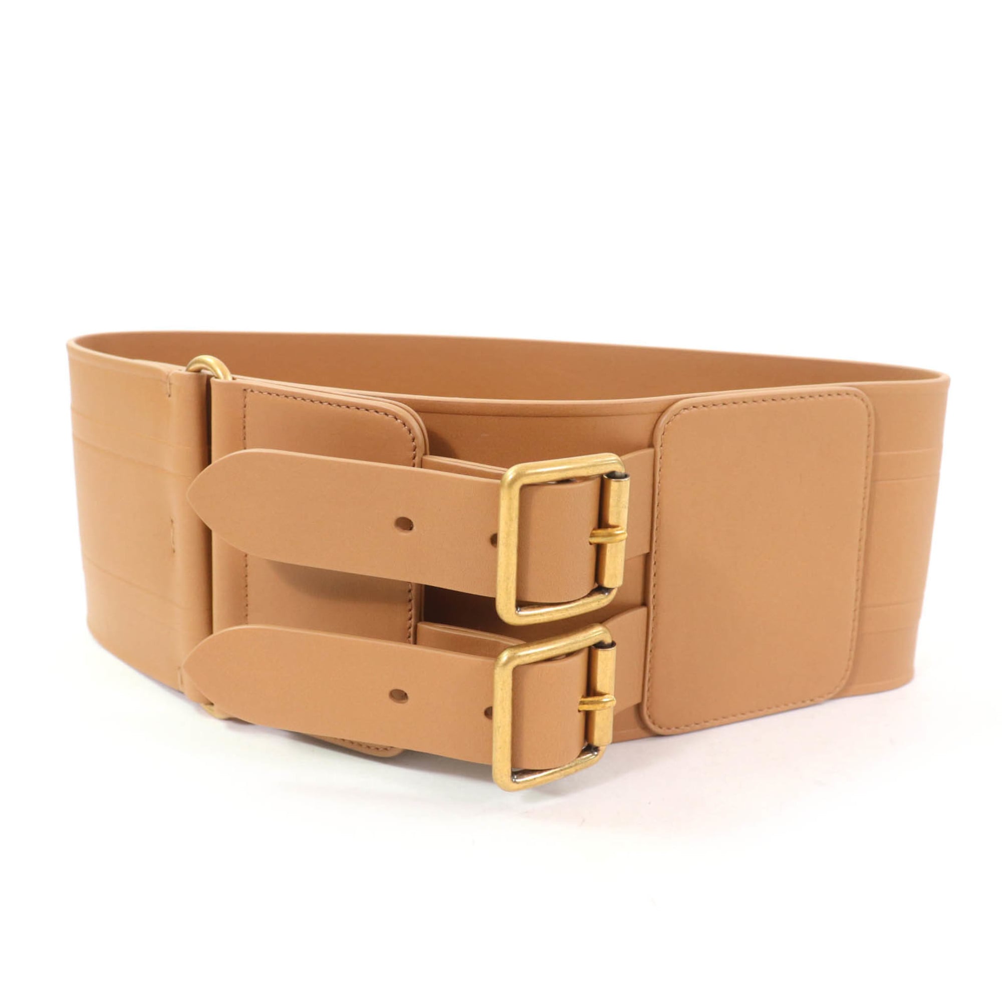 Christian Dior B0098CMIV D-Waist Maxi Leather Belt with Double Gold Buckle, Brown, Hardware, Size 70, Made in Italy, Women’s