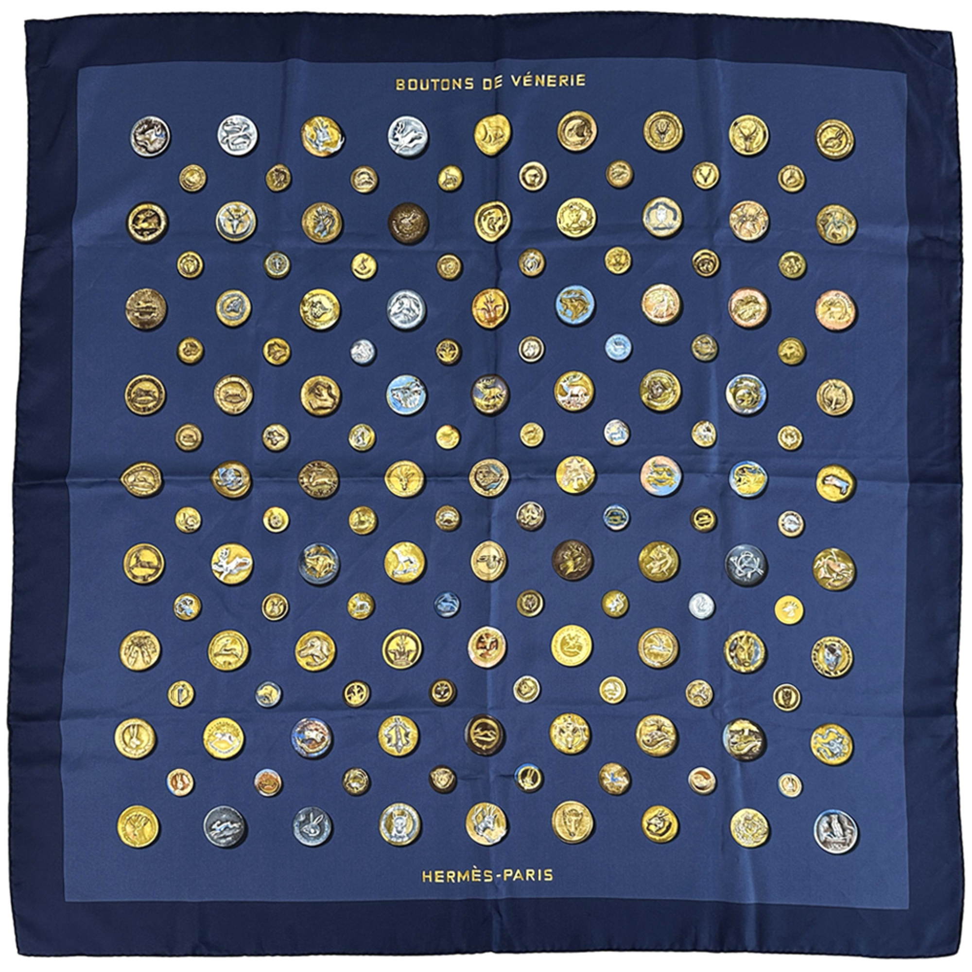 HermÃ¨s HERMES CarrÃ© 90 Scarf, Boutons de Venerie (Hunting Buttons), Women’s, Silk, Navy Blue, Multicolor, Navy, Medal, Animal, Polka Dot Pattern